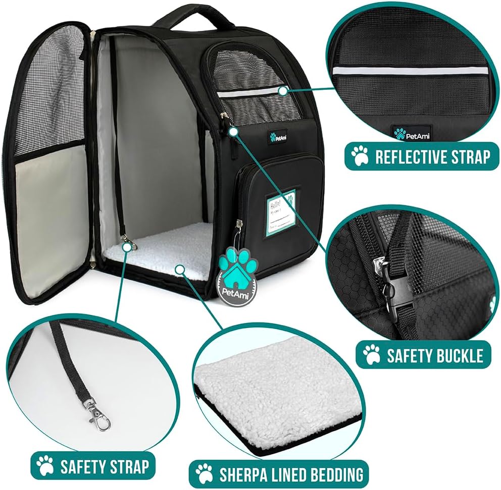 PetAmi Dog Backpack Carrier Airline Approved Cat Pet Puppy Bag, Black