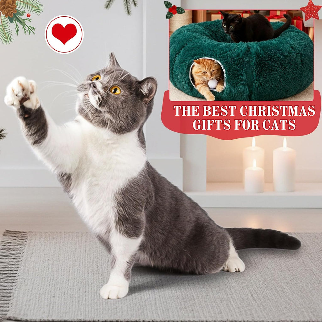 Christmas Tree Cat Tunnel 36 in Donut Bed, Green, Plush, Fluffy