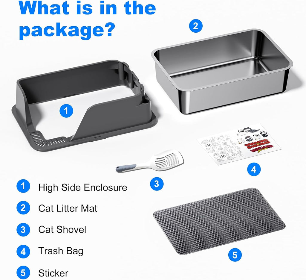 Non-Stick Stainless Steel Litter Box, XL Side Open Splash-Proof&Leak-Proof | Seamless Seal, Ellenpent Large Capacity, Cat Litter Box with Lid for Multi-Cats, Large Cats, Easy-Clean & Durable (Gray)