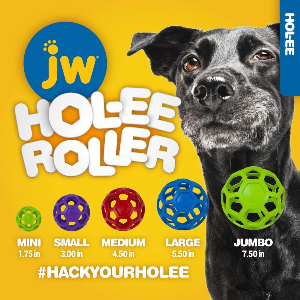 JW Pet HOL-ee Roller, Natural Rubber, Medium 4.5in, Colors May Vary | Puzzle Ball Design Dog Toy for Interactive Play and Chasing Fun