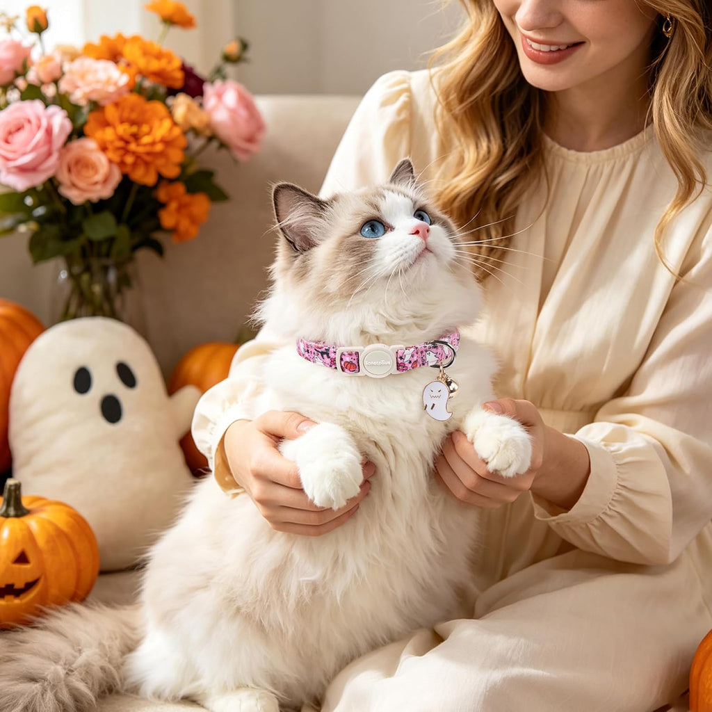 LIONET PAWS 2 Pack Breakaway Cat Collars, Cute Soft Cotton Halloween Pink Ghost Pumpkin & Evil Eye Kitten Collars with Bell & Charm for Boy Girl Cats