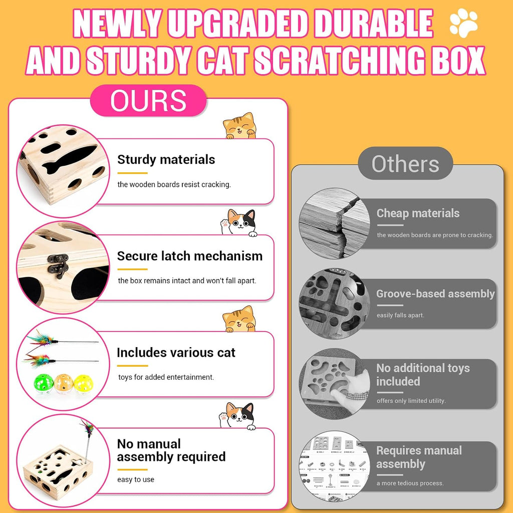 Large Cat Nail File Box, Sturdy Wood with 3 Small Balls & 2 Cat Teaser