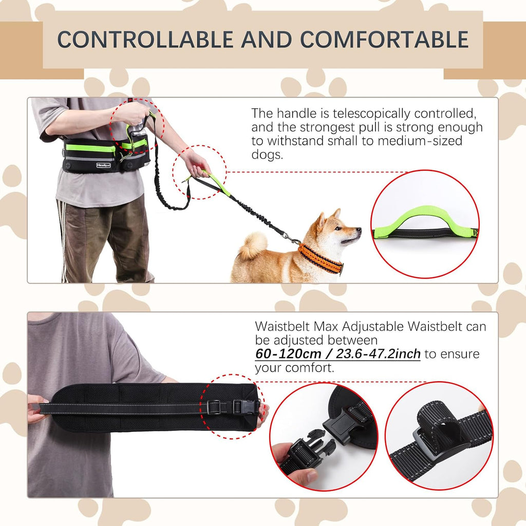 Hands-Free Waist Leash with Pouch for Two Dogs: Reflective Stitching, Dual Handle & Bungee Retractable Design – Ideal for Medium to Large Dogs (Green) – Dog Walking Accessories