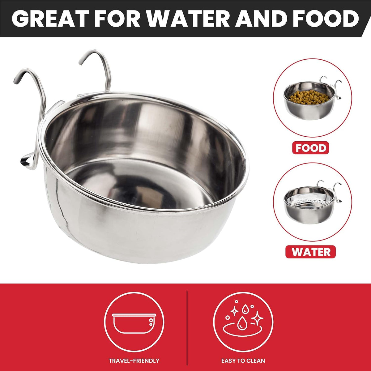 SPOT Stainless Steel Coop Cup with Wire Hooks – Durable, Chew-Resistant Food/Water Bowl for Cages & Crates, Easy Install & Removable, for Cats, Dogs, Birds & Reptiles - 20 Oz (2.5 Cups) 