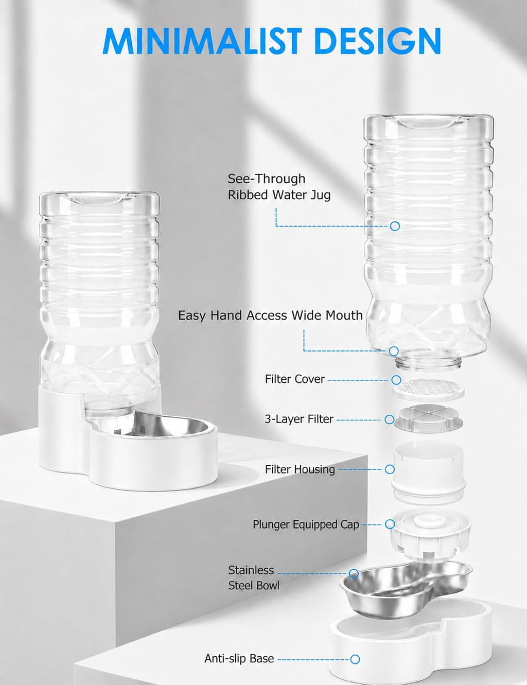 Heouvo 2.1 Gal Gravity Dog Water Dispenser, Wide-Mouth, 3 Filters, White