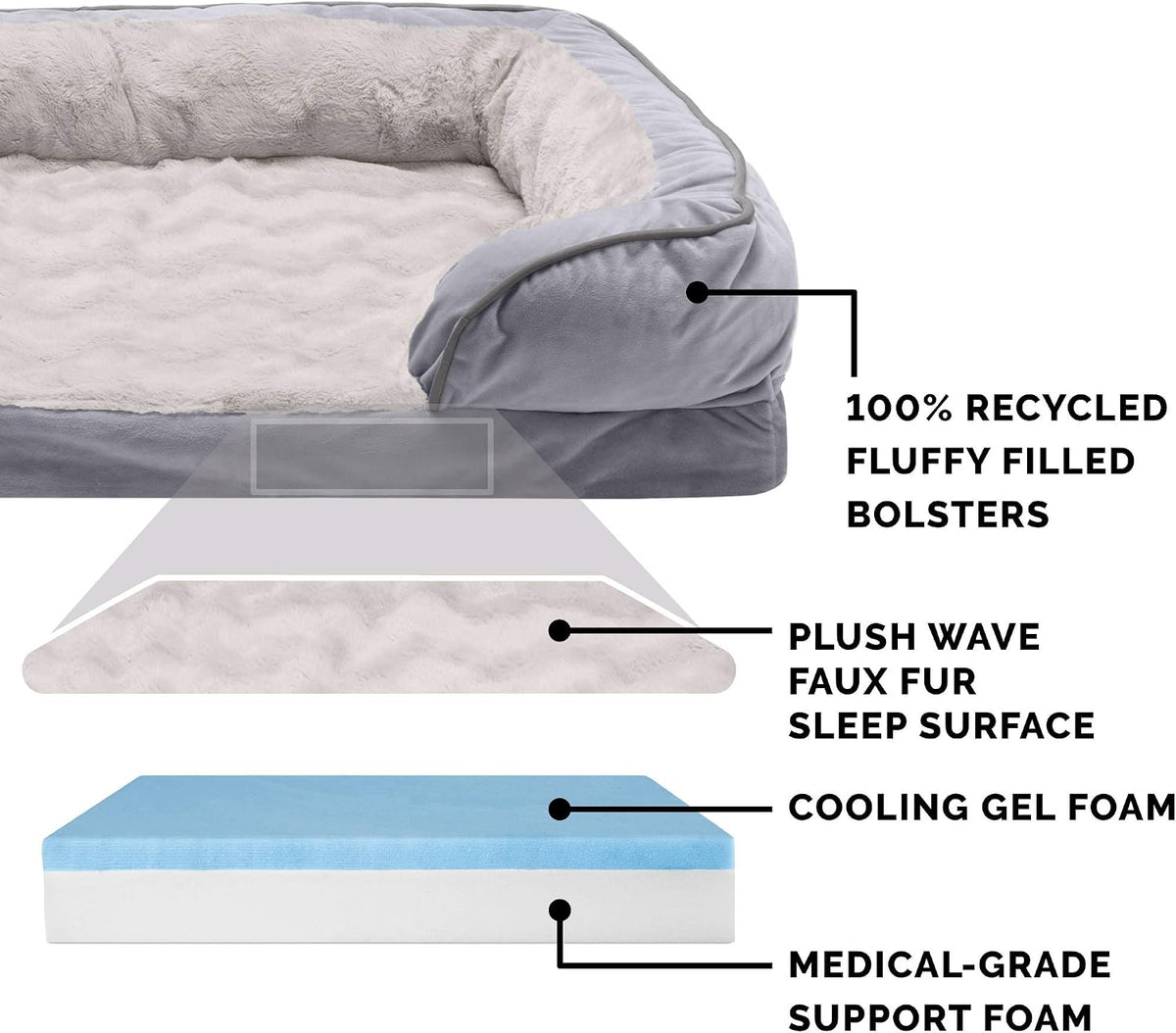 FurHaven Cooling Gel Dog Bed & goDog Toy - Squeaky Plush Dino with Chew Guard Technology for Large Dogs - Plush & Velvet Waves Perfect Comfort Sofa - Granite Gray, Jumbo Plus/XXL