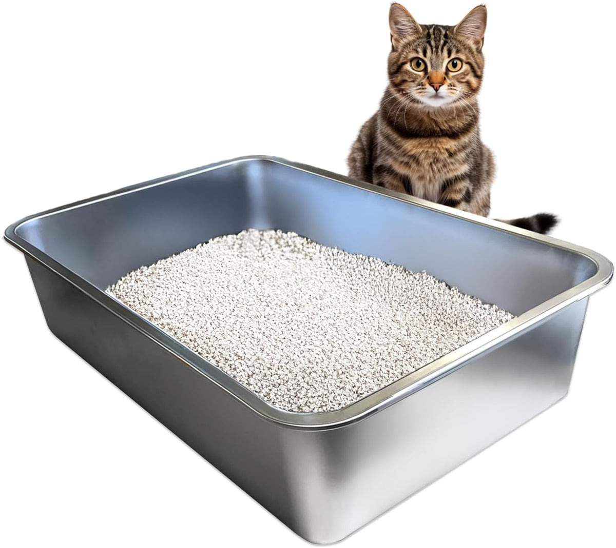 iPrimio Stainless Steel Cat Litter Box, XL 23.5" x 15.5", Nonstick Coated | Nonstick coated XL steel pan. Waste lifts away cleanly and the steel itself never absorbs odor, rust or stains like plastic.