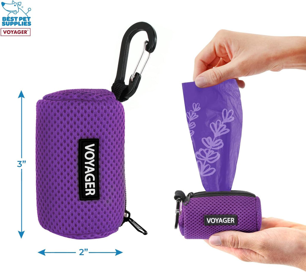 Best Pet Supplies Dog Poop Bag Holder Leash Attachment with Reusable Dispenser for Travel, Walking, Park, and Outdoor Use, Durable with Clip-On - Purple, Mesh Dispenser w/15 Bags