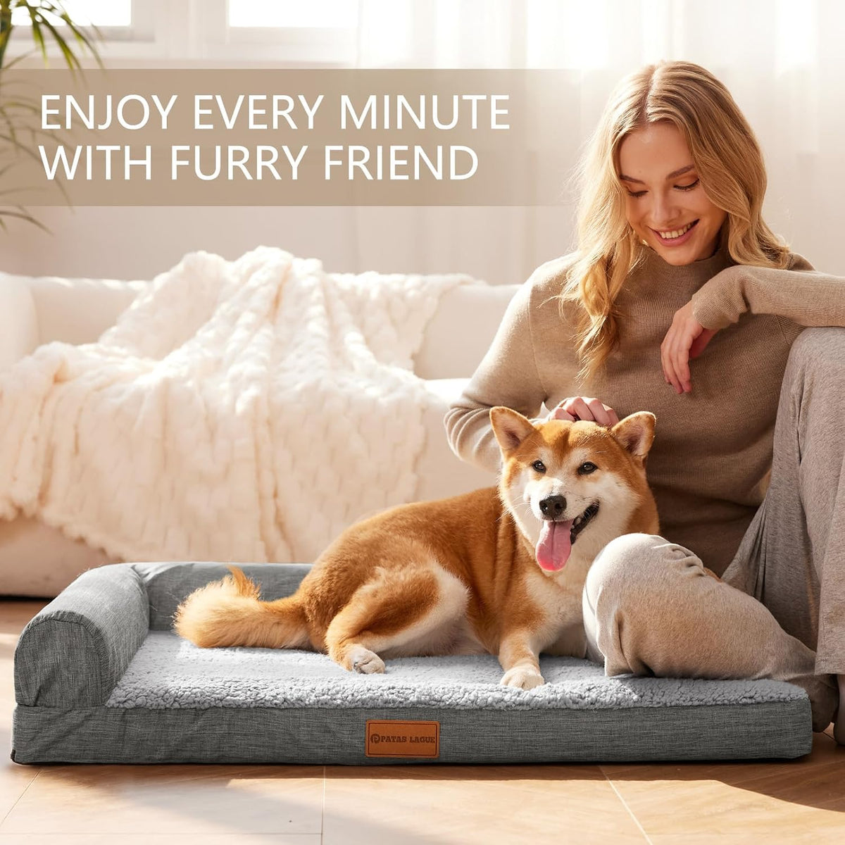 Patas Lague Orthopedic Large Dog Bed Washable Pet Sofa Bed 48''X30''Grey