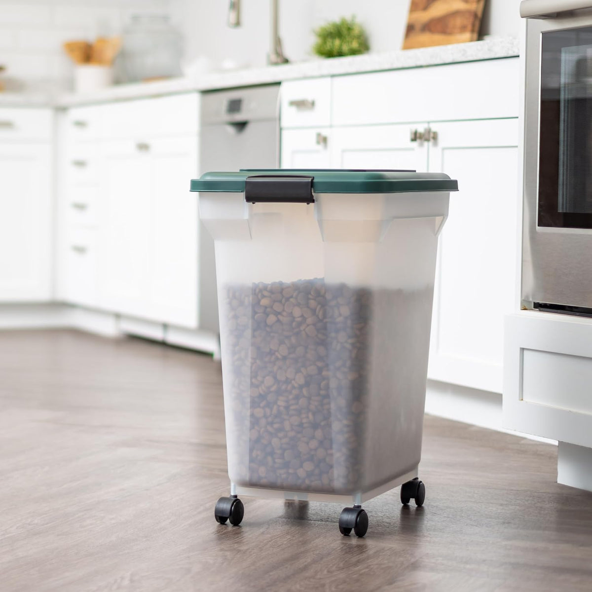 IRIS USA Remington WeatherPro Airtight Dog Food Storage Container, Up to 42 lbs, Attachable Wheels, For Dog Cat Bird and Other Pet Food Storage Bin, Keep Fresh, Translucent Body, Green