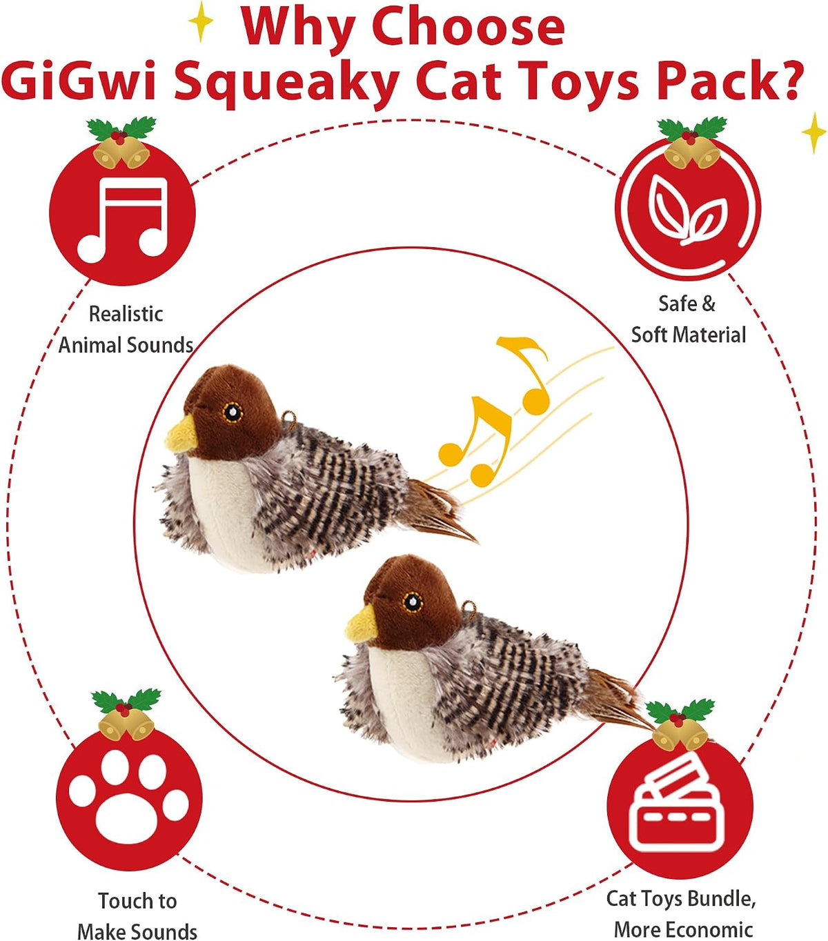 Gigwi Chirping Bird Cat Toys 2 Pack, Automatic Squeaky Toy for Cats