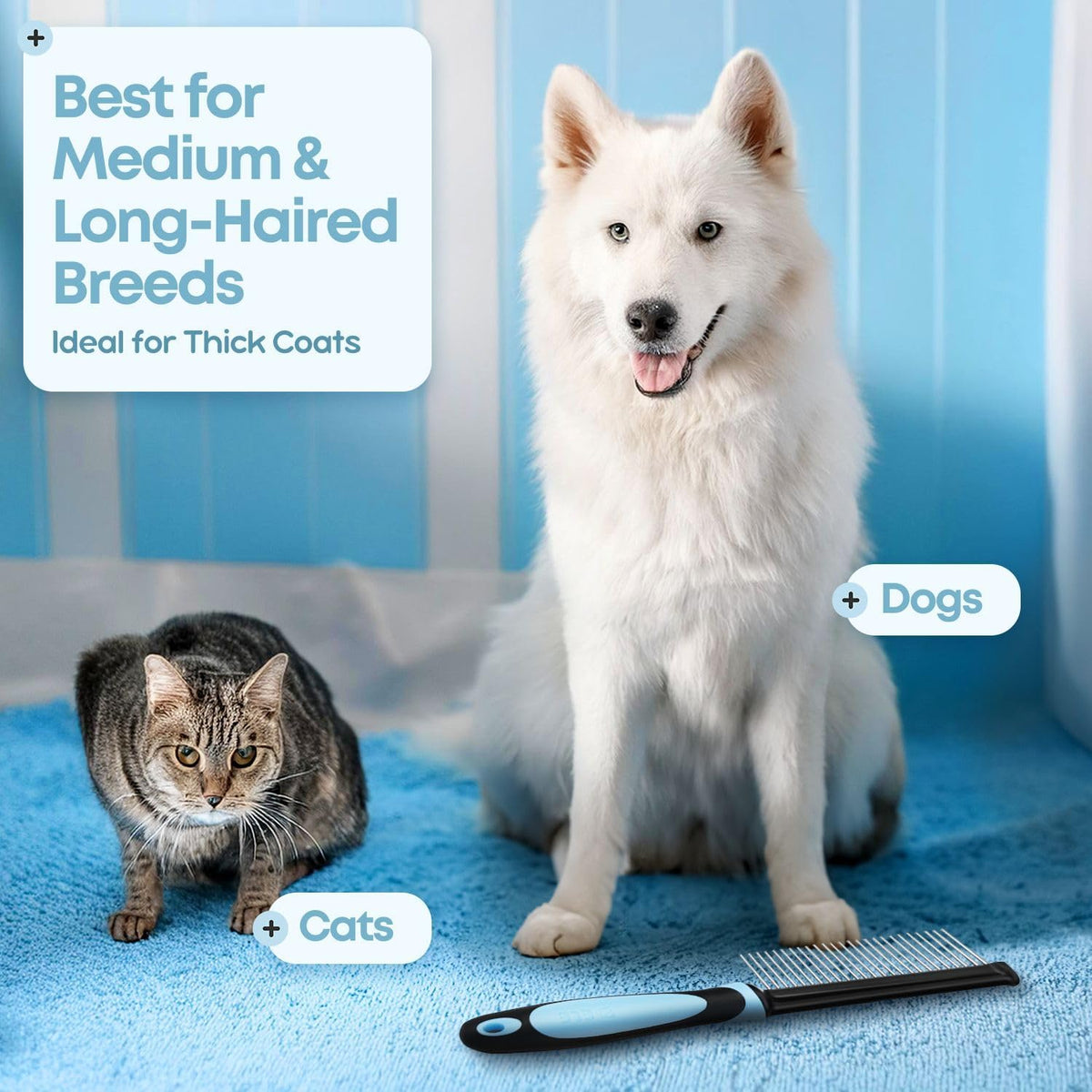 Flexzion Metal Dog Comb for Grooming and Dematting, Blue Soft-Grip Handle