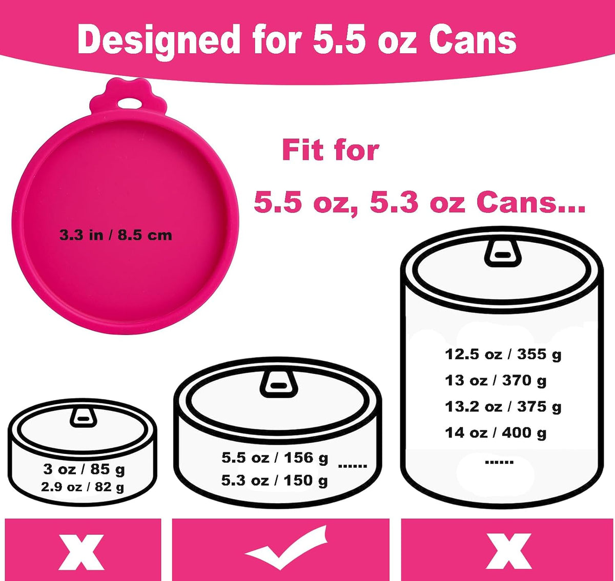 Comtim Cat Food Can Covers Lids for 5.5 oz Cans, 2 Pack Silicone Cat Food Can Lids for 5.5 oz 5.3 oz Cans...Pet Food Can Covers Reusable Can Toppers Savers for Wet Food (Hot Pink)