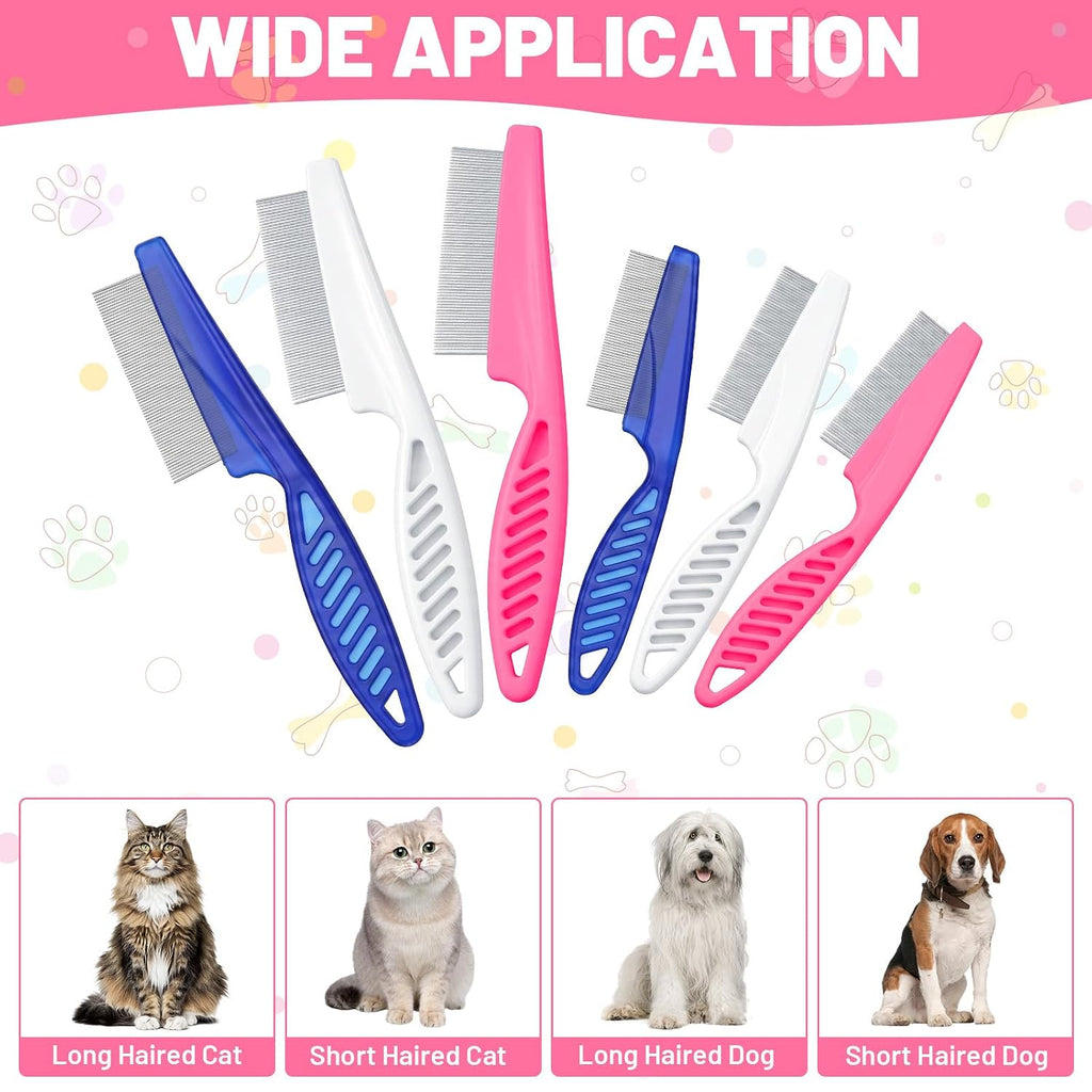 48 Pcs Dog Flea Comb Set for Dogs and Cats, Flea Combs for Cats with Stainless Steel Teeth, 2 Sizes in Pink, Blue, White, Grooming Tool for Pet Hair Detangling