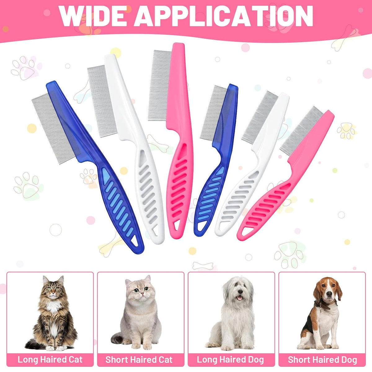 48 Pcs Dog Flea Comb Set for Dogs and Cats, Flea Combs for Cats with Stainless Steel Teeth, 2 Sizes in Pink, Blue, White, Grooming Tool for Pet Hair Detangling