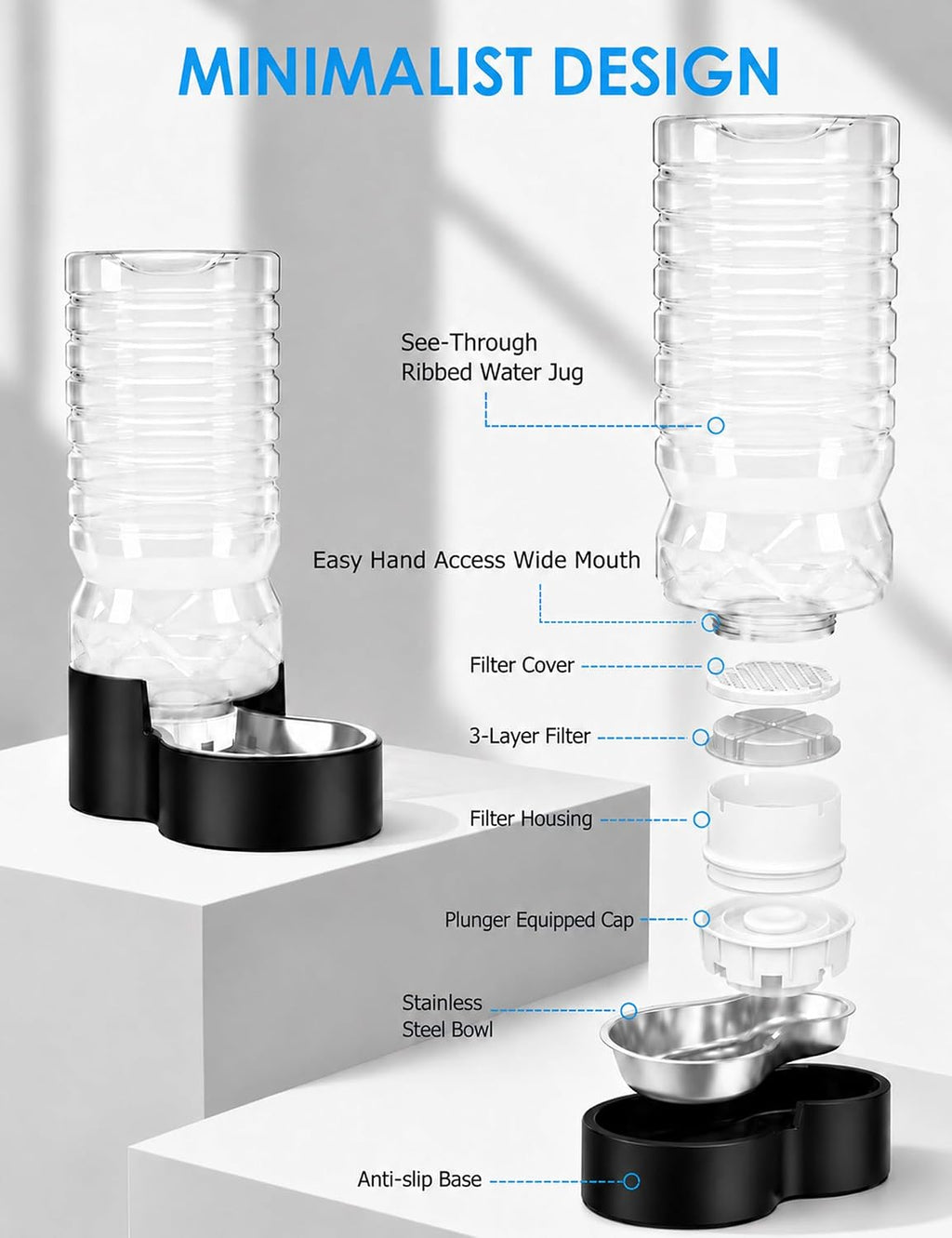 Heouvo 2.5 Gal Gravity Dog Water Dispenser, Wide-Mouth, 3 Filters, Black