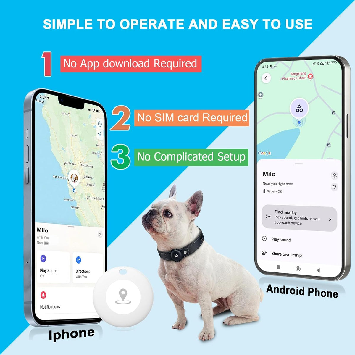 GPS Tracker for Dogs, Dog GPS Tracker, Pet Location Tracker with Collar, Real-Time Tracking, No Monthly Fee or Subscription, Waterproof, 365-Day Long Battery Life, Dog Tracking Device, iOS & Android