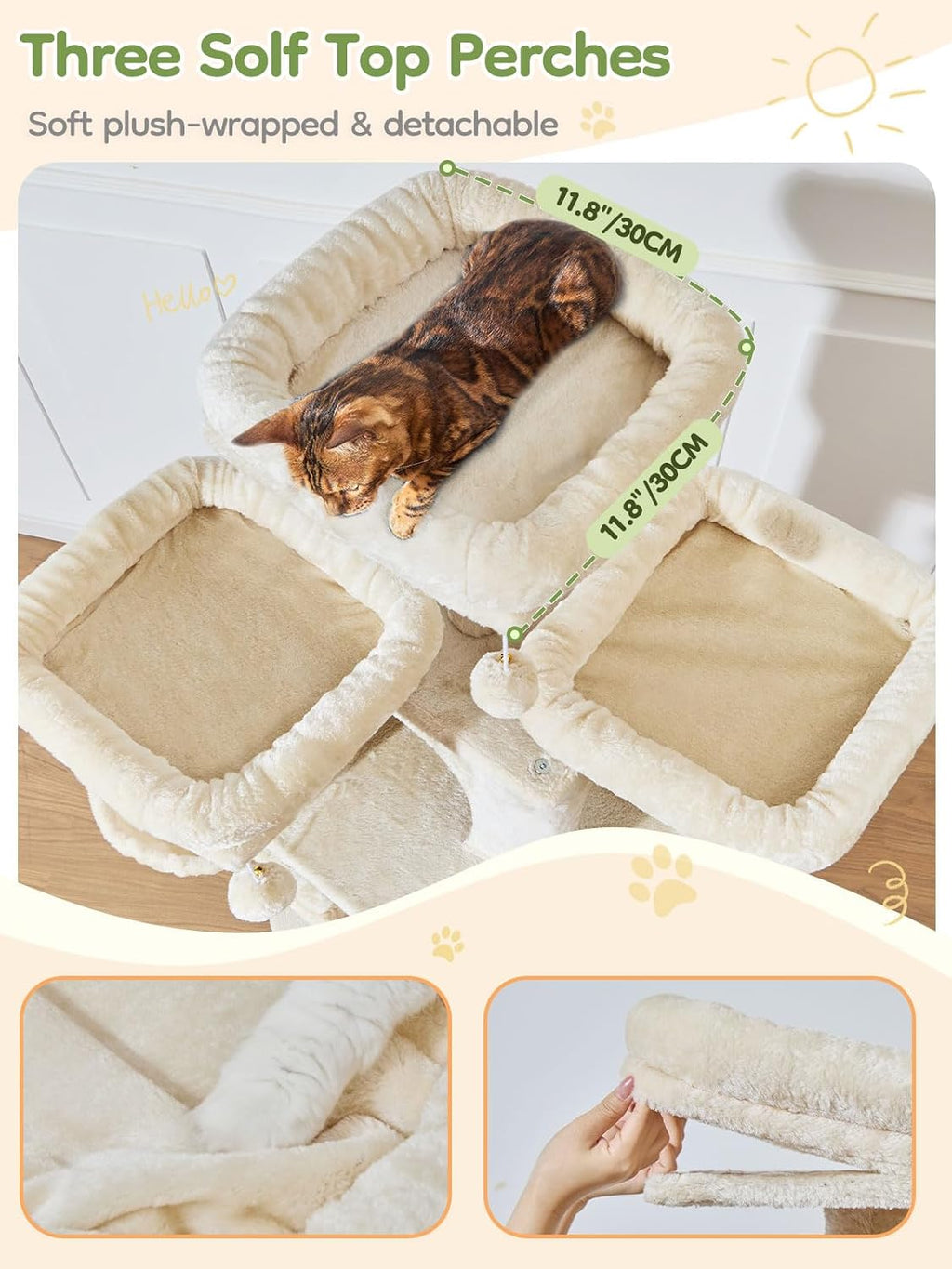 Taoqimiao Tall Cat Tree, 76In XL Cat Tower for Large Cats, 3 Padded Perches
