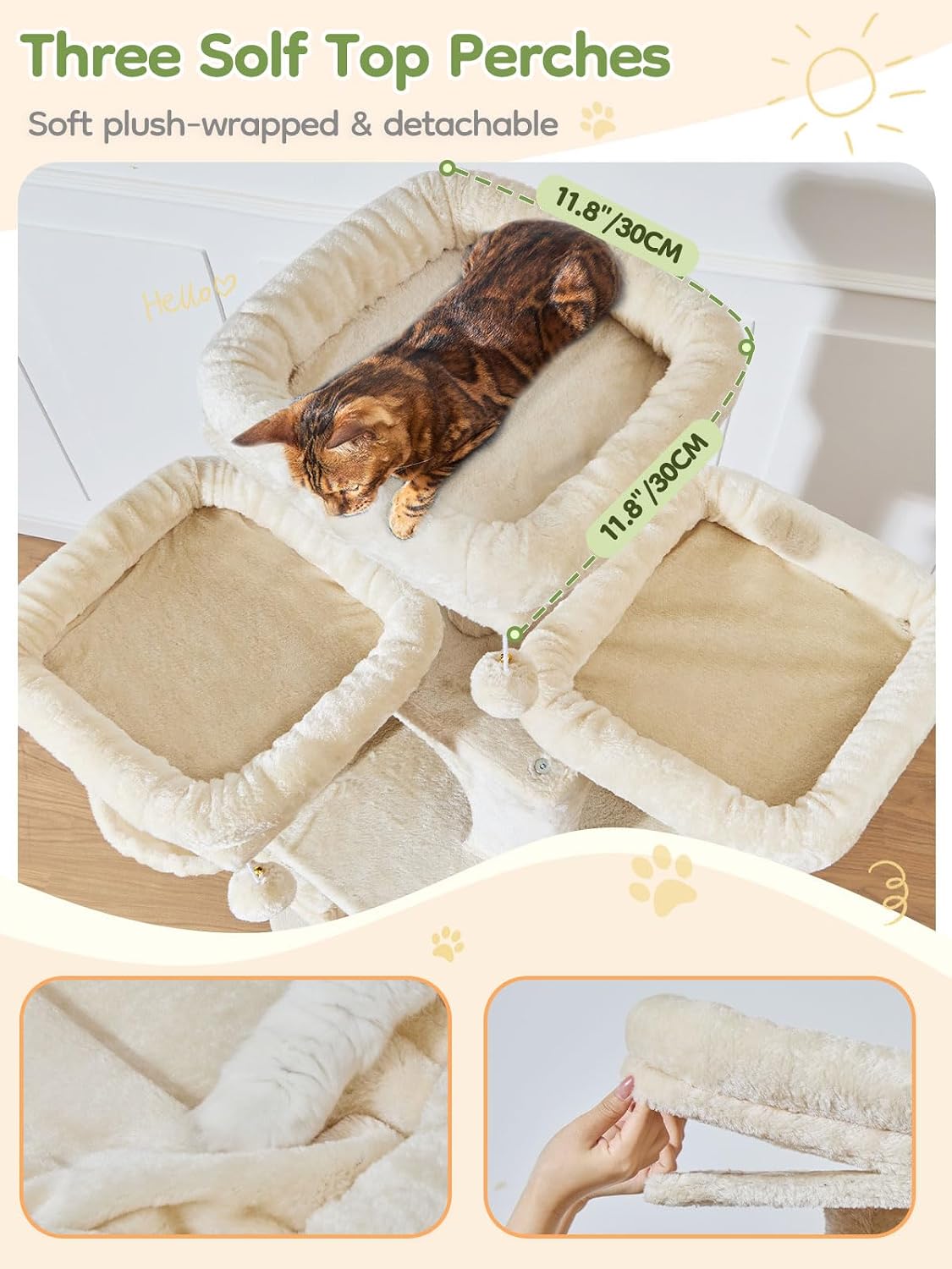 Taoqimiao Tall Cat Tree, 76In XL Cat Tower for Large Cats, 3 Padded Perches