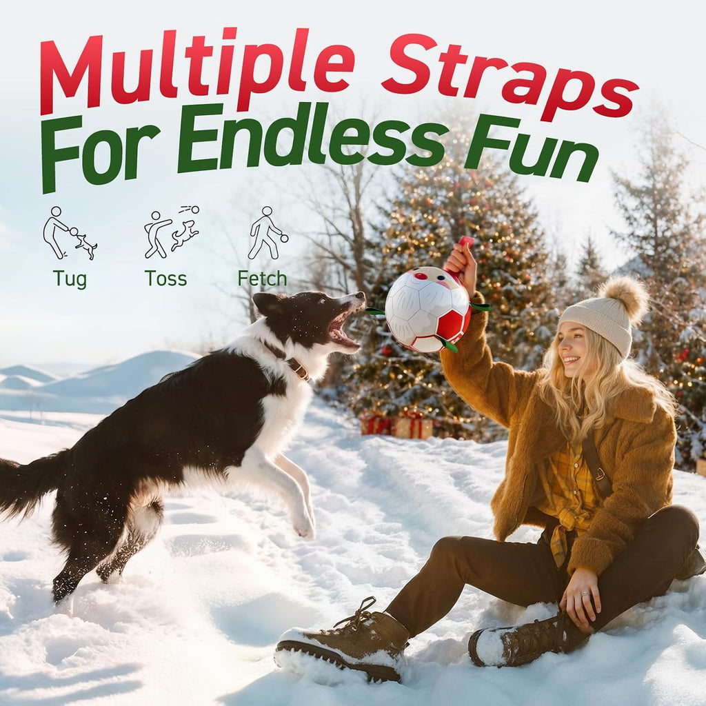 QDAN Christmas Dog Balls with Straps, Soccer Ball for Dogs for Small Medium Breed, Tug Toys for Dog Birthday, 6 Inch Outdoor Dog Toys for Fun