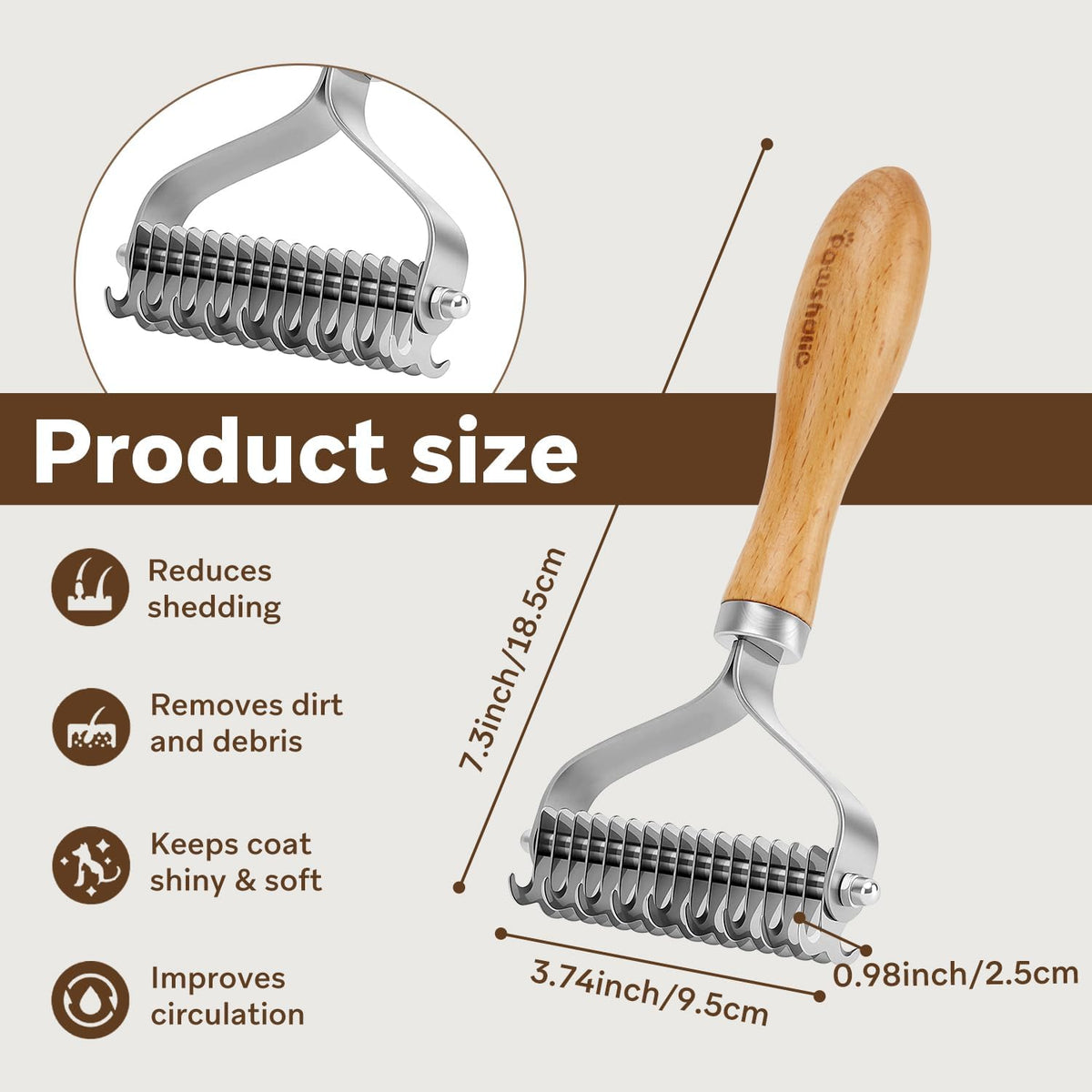 Undercoat Rake for Dogs - Professional Pet Shedding Dematting Comb with Wood Handle, Stainless Steel Blades for Pet Cats Dogs Matted Hair Tangles Removing