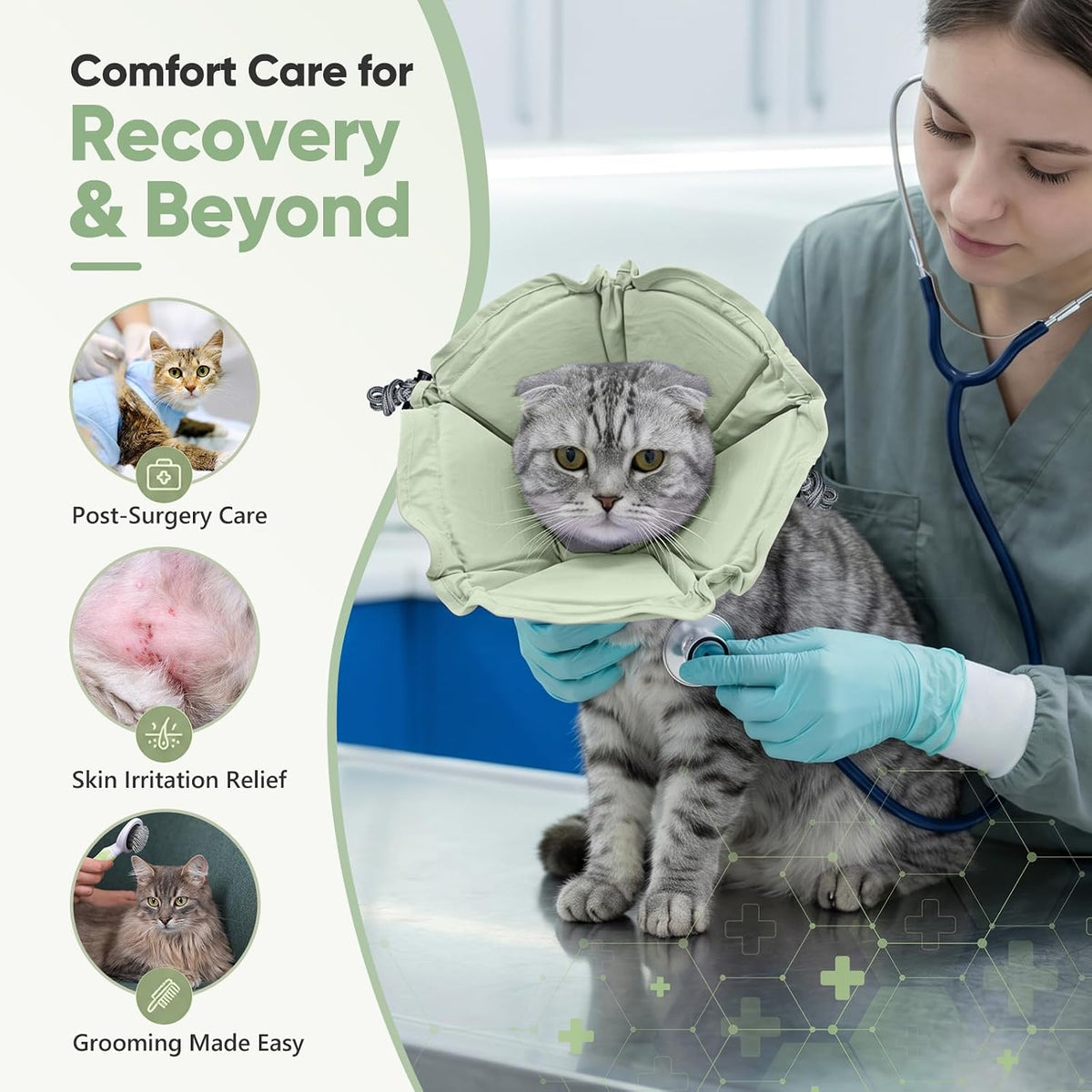 Cat Cone Collar Soft, Adjustable Elizabethan Collar for Cats to Stop Licking, Comfortable Lightweight Kitten Cone for Wound Healing and Surgery Recovery,Green,M
