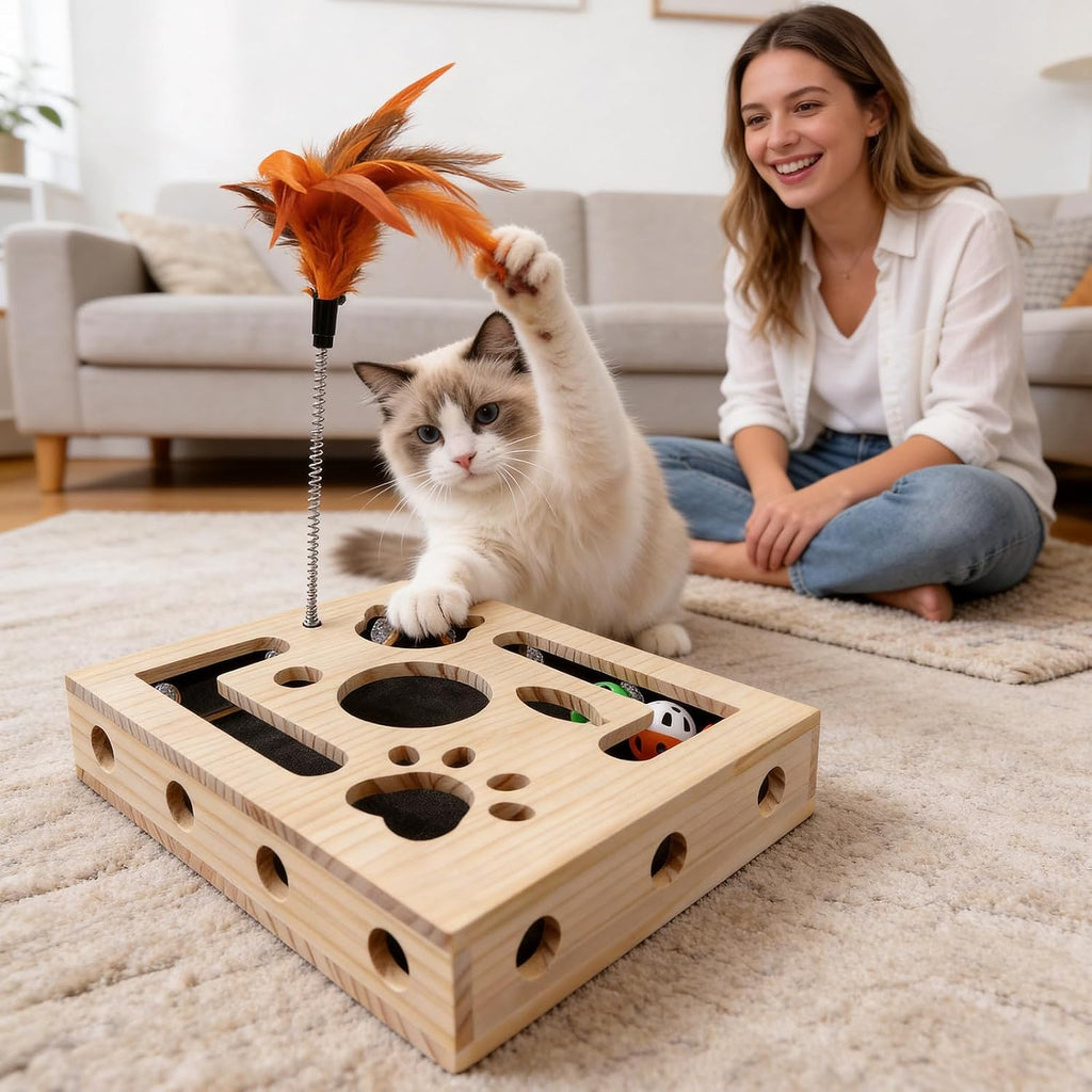 Cat Scratch Puzzle Box for Indoor Cats, Wooden Cat Enrichment Toy
