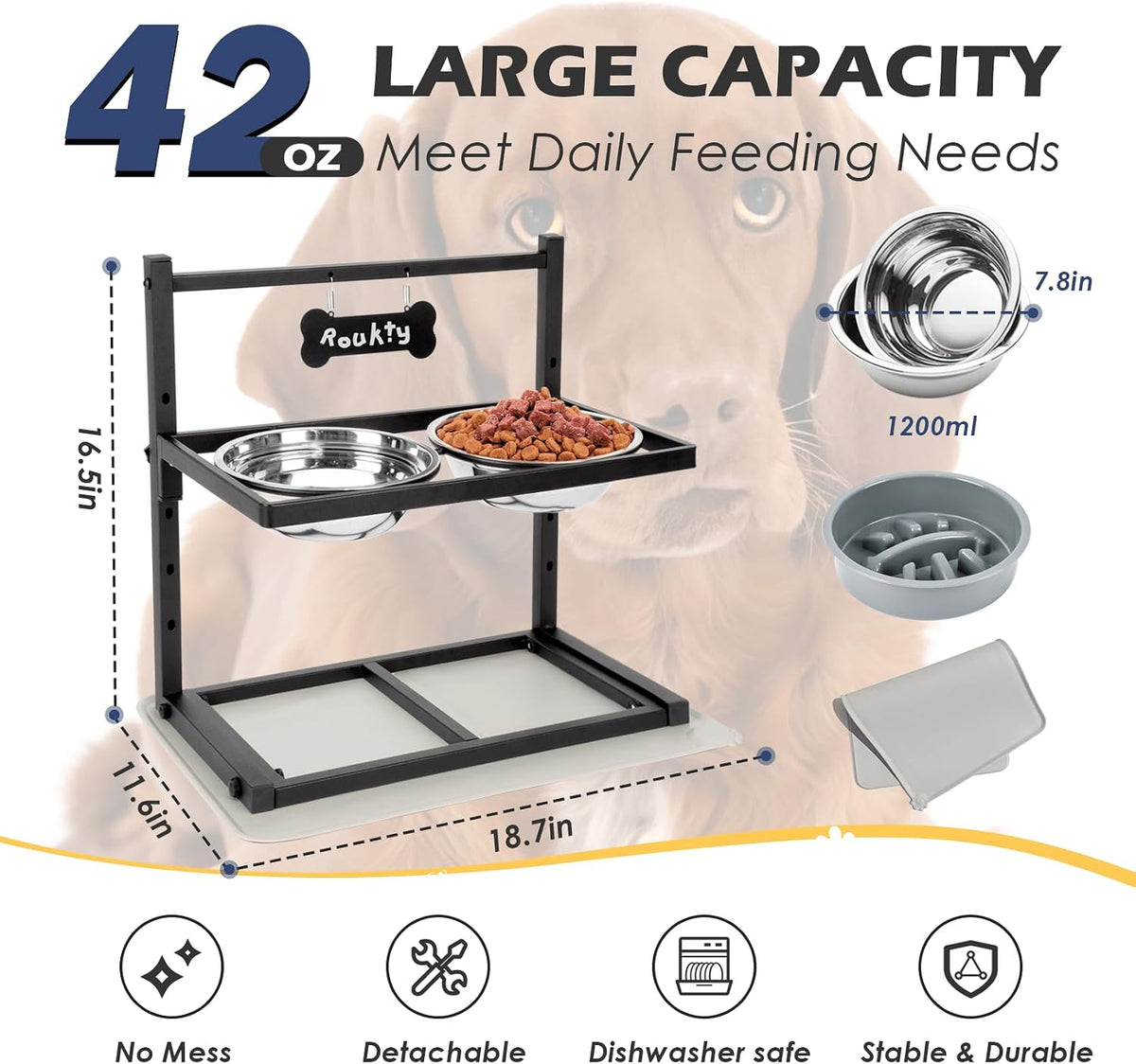 ADENGL Elevated Dog Bowls with Slow Feeder, 5 Adjustable Heights, Anti-Slip, Durable Metal Frame, Spill Proof Mat, Rust-Resistant Bowls, Easy to Clean