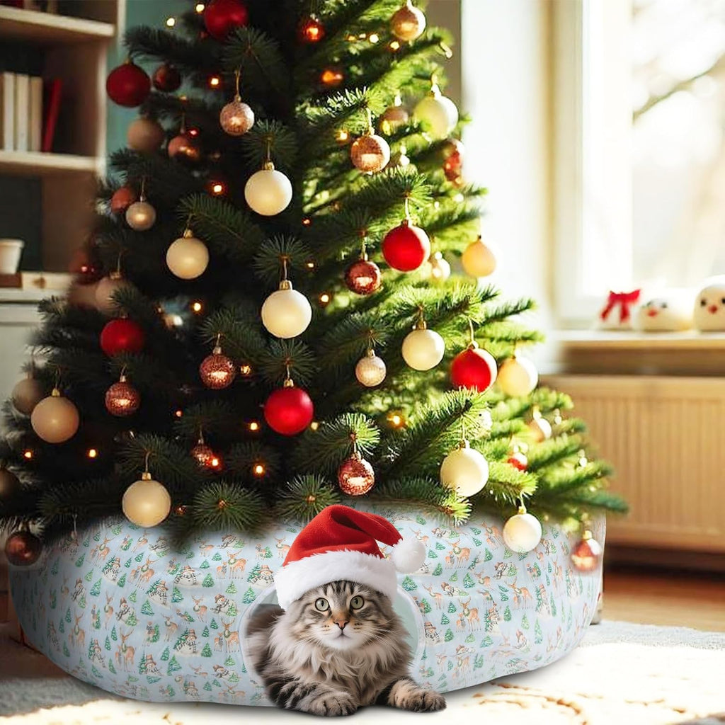 Hollowfly Woodland Christmas Cat Bed Tunnel 3ft x 3ft x 9.8in Winter Forest Under Tree Cat Donut Tunnels Snowman Reindeer Plush Peekaboo Cave Toy Collapsible 3 Way Xmas Gifts for Small Kitty