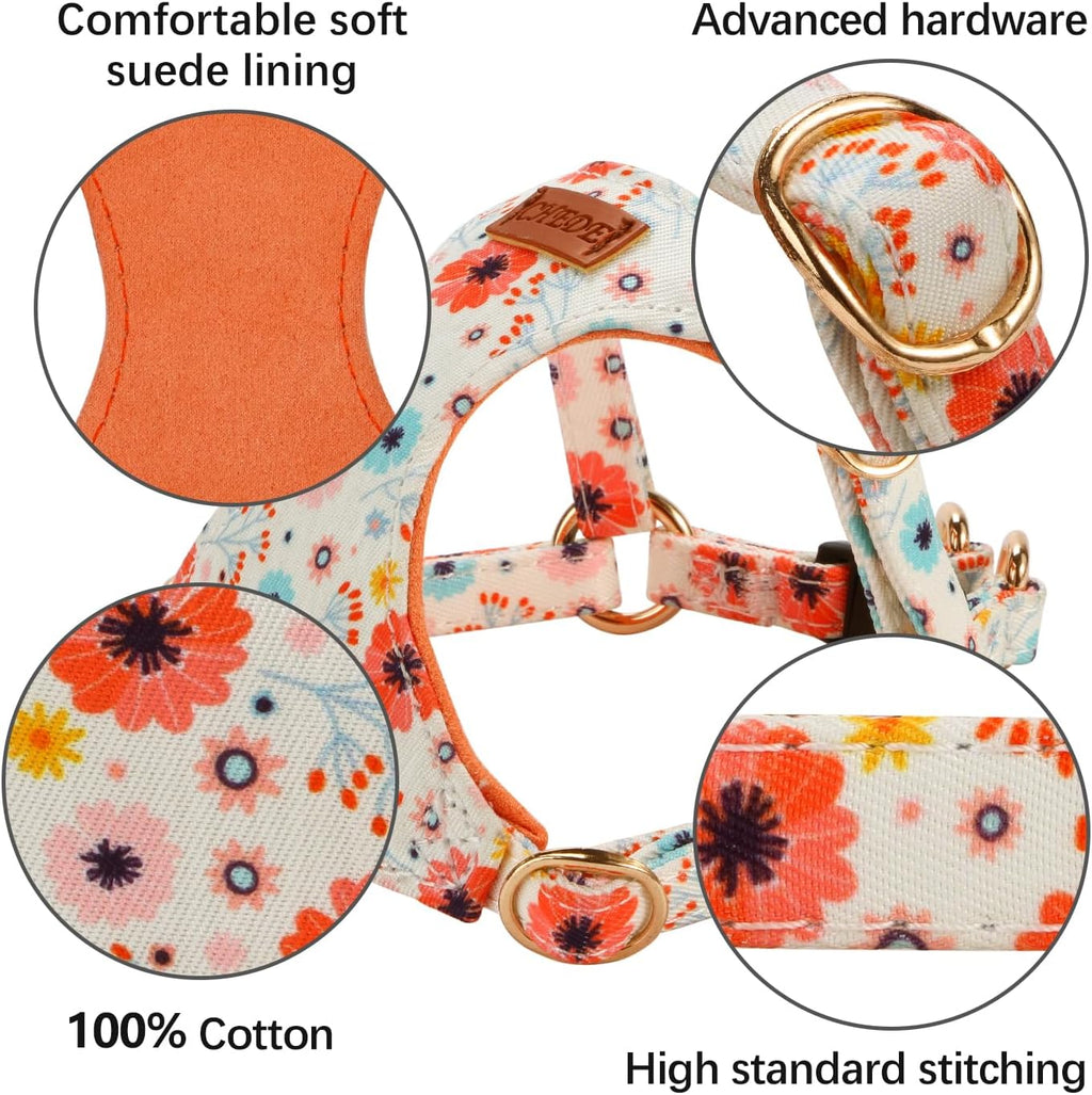 CHEDE No Pull Floral Pattern Dog Harness- Lightweight and Soft Dog Harness, Adjustable Small Dog Harness and Leash Set, with Dog Leash, Suitable for Puppy Small and Medium-Sized Dog