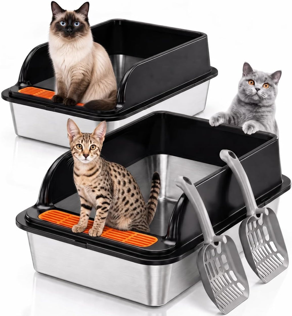 Jotesnew 2 Pack Stainless Steel Cat Litter Boxes with Scoops