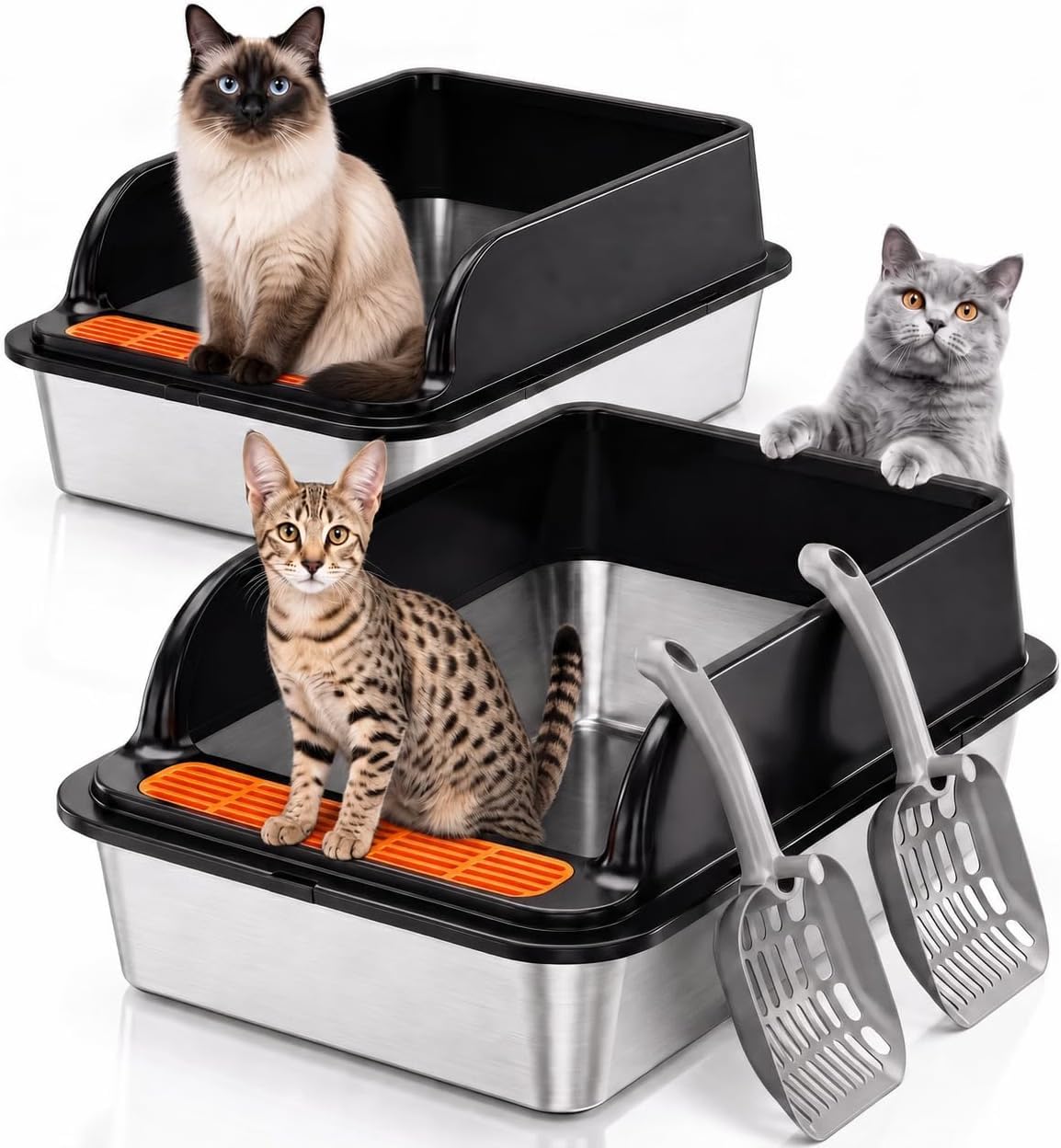 Jotesnew 2 Pack Stainless Steel Cat Litter Boxes with Scoops