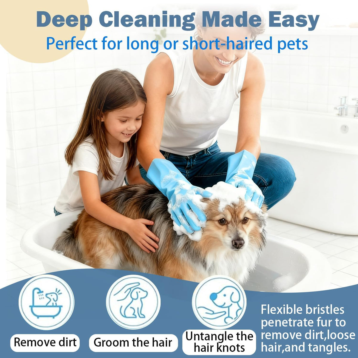 Pet Grooming Gloves, Silicone Bath Massage Gloves, Wet Dry (Blue)