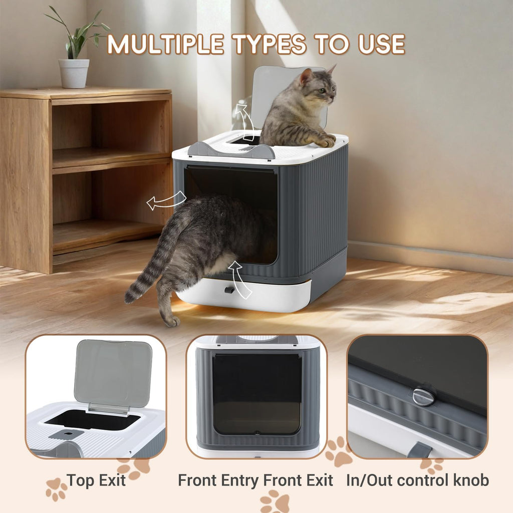 Foldable Enclosed Cat Litter Box with Lid, for Kitten to Medium, Gray-White
