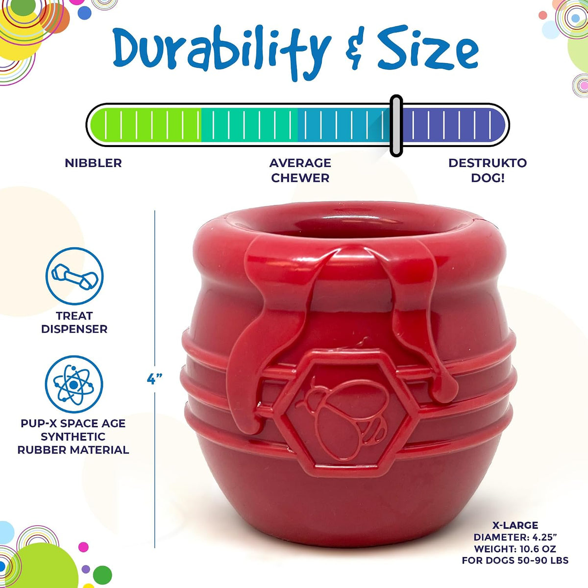 SodaPup Honey Pot – Durable Dog Treat Dispenser & Enrichment Toy Made in USA from Non-Toxic, Pet Safe, Food Safe Natural Rubber Material for Mental Stimulation, Problem Chewing, Calming Nerves, & More