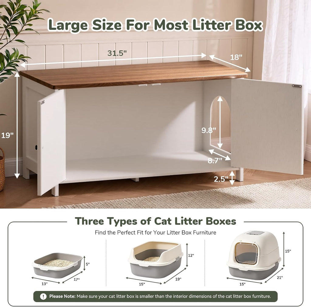 Hidden Cat Litter Box Enclosure Furniture, Extra Large, White&Brown