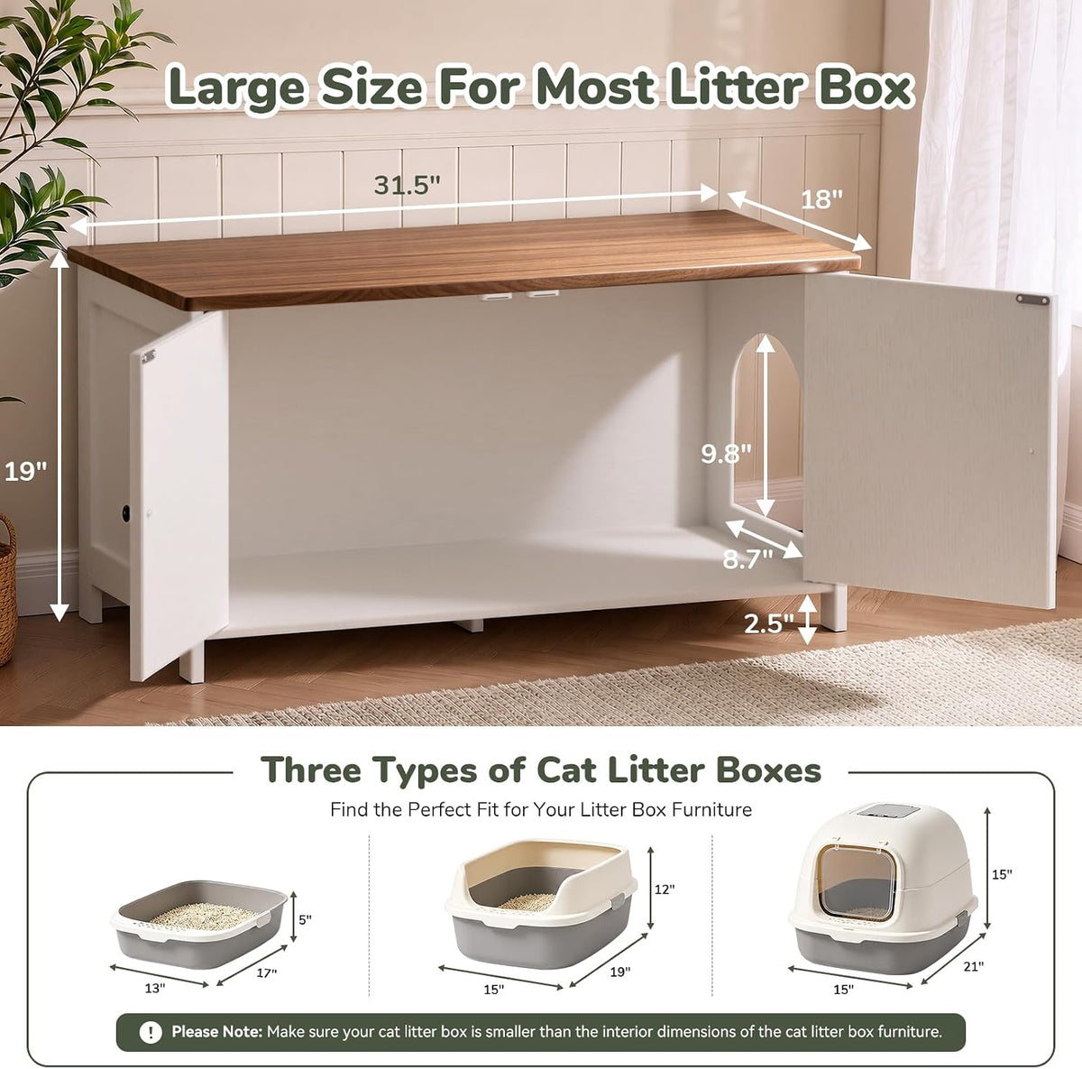 Hidden Cat Litter Box Enclosure Furniture, Extra Large, White&Brown