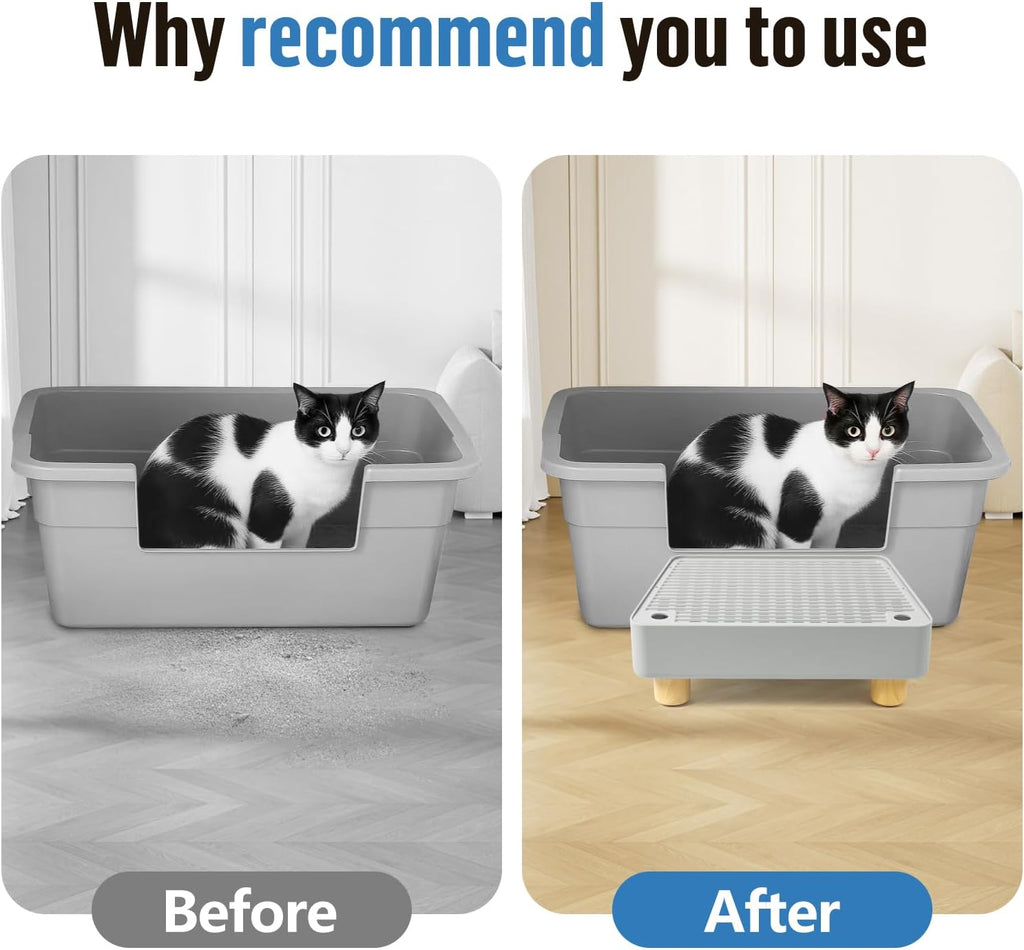 Extra Large Cat Litter Box Step Ramp, Cat's Litter Catcher Mat with Wooden Feet, Filter Function, Pedal Stool for Self-Cleaning Cat Litter Box, Ideal for Kitten & Elderly Cats (Light Grey)