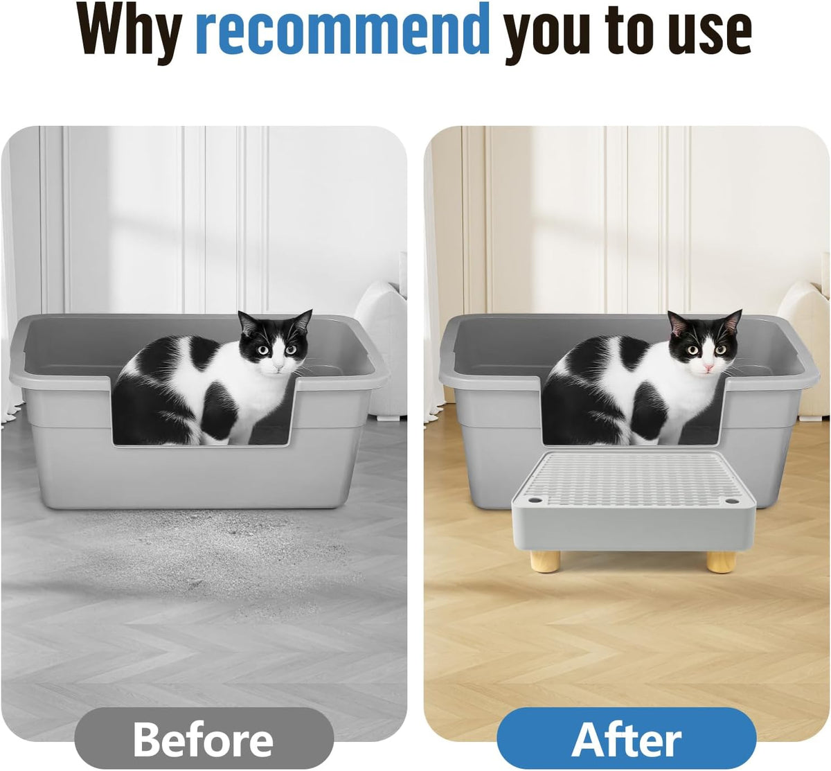 Extra Large Cat Litter Box Step Ramp, Cat's Litter Catcher Mat with Wooden Feet, Filter Function, Pedal Stool for Self-Cleaning Cat Litter Box, Ideal for Kitten & Elderly Cats (Light Grey)