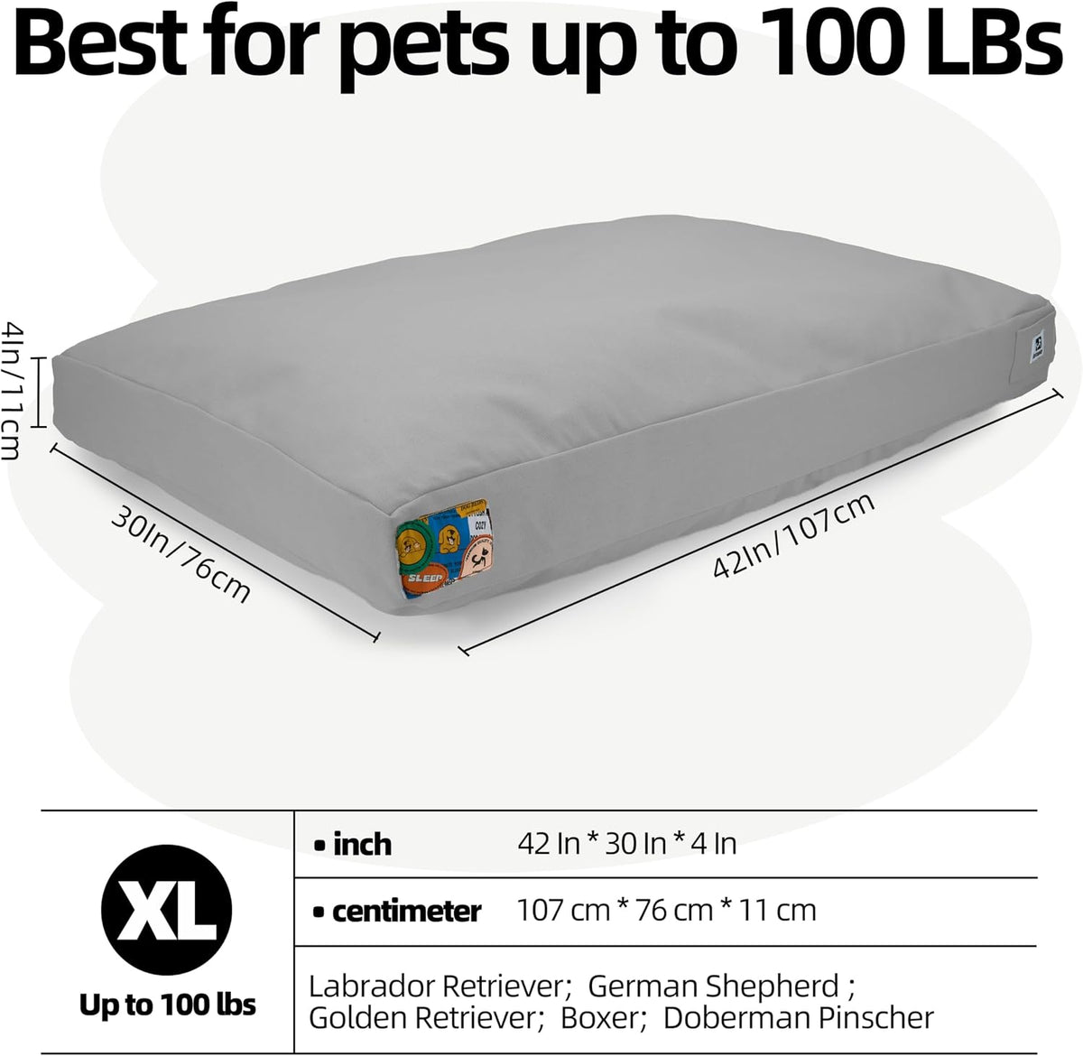 Sytopia 42 Inch Indestructible Dog Bed for Aggressive Chewers, Chew Proof Durable Outdoor Canvas Pet Crate Mat with Waterproof Washable Removable Cover, Indoor Patio Pet Pad for Crate, Light Grey
