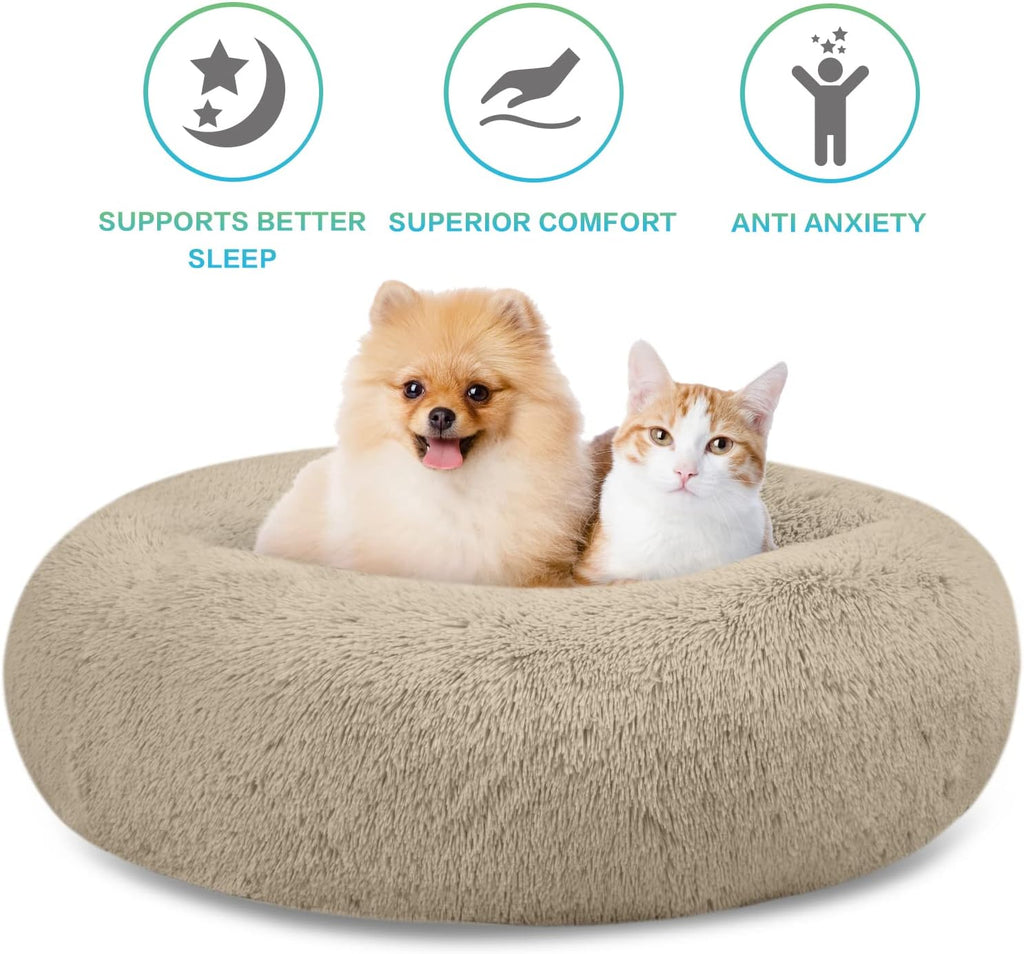 SAVFOX 36 inches Calming Donut Dog Bed - 3X Durable Plush Faux Fur, Machine Washable & Non-Slip, Fits up to 100 lbs, Beige