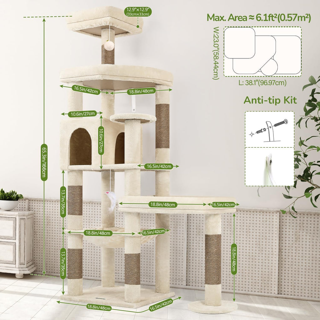 Globlazer 65in Sturdy Cat Tree Tower for Indoor Large Cats, S65, Beige
