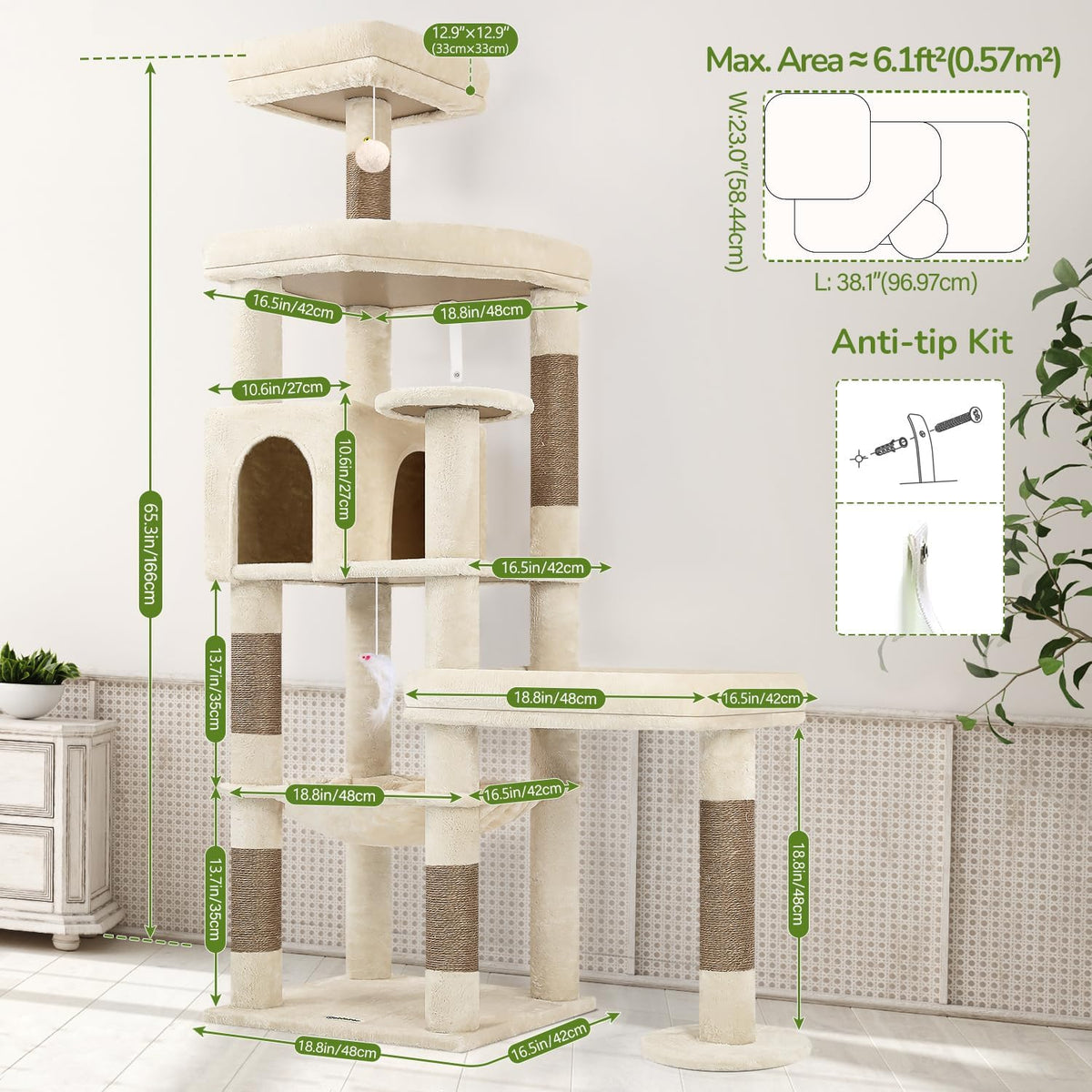 Globlazer 65in Sturdy Cat Tree Tower for Indoor Large Cats, S65, Beige