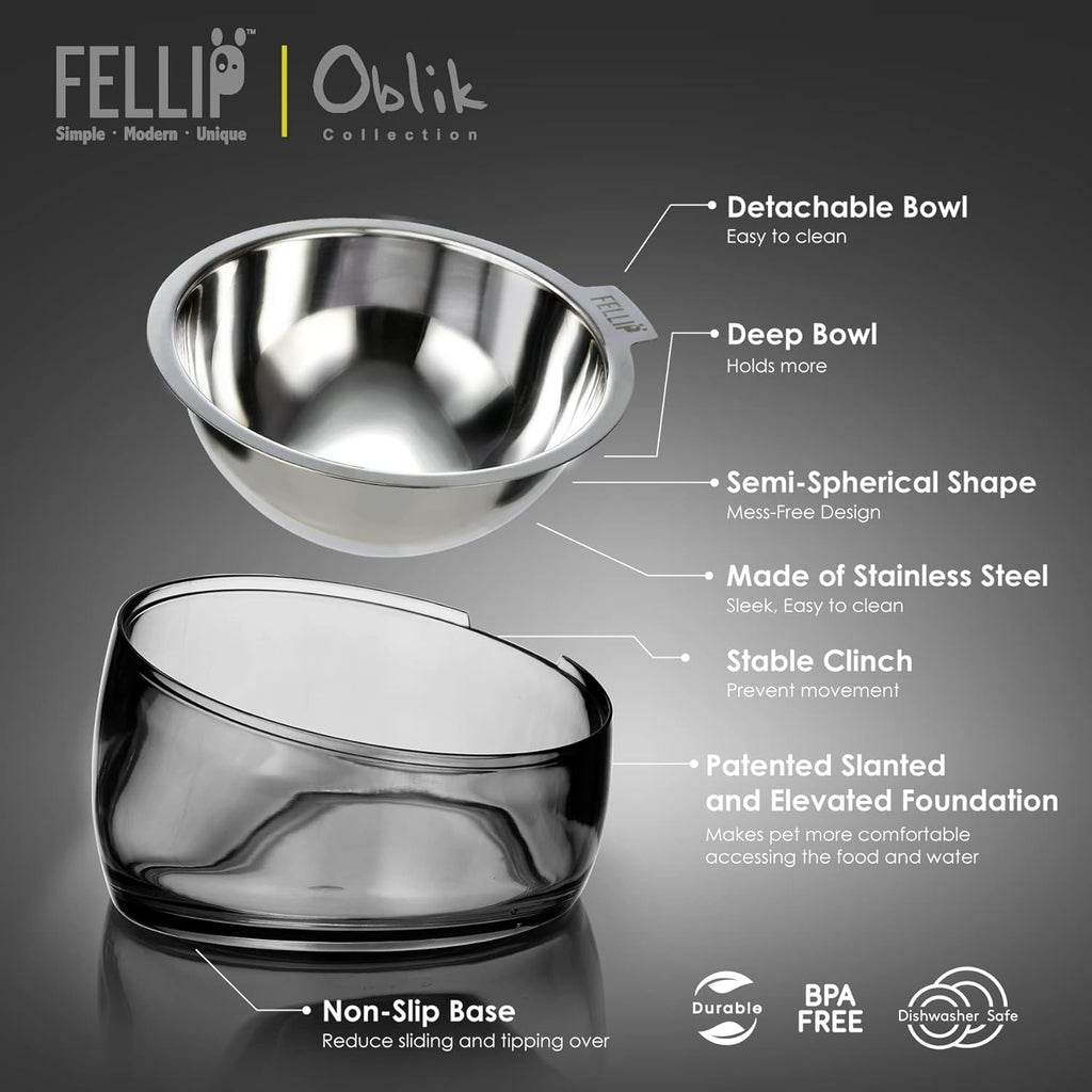 Felli Pet Oblik Acrylic Raised Dog Food Water Bowl Stainless Steel Slanted Oval Dish for Short Leg Puppy & Small Medium Pet, Elevated Tilted Metal Feeder (Smoky, 1.5 Cups Oval Dish) 