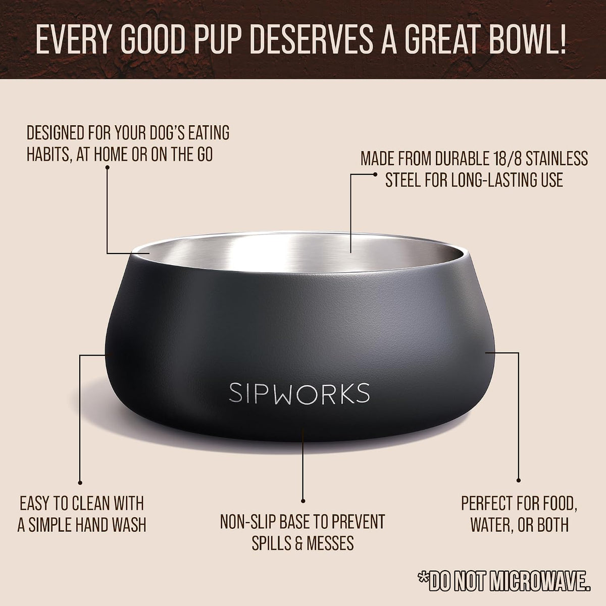 Sipworks Stainless Steel Dog Bowl – 32oz Weighted Metal Food and Water Bowls for Dogs and Cats with Non-Slip Base - Pet Bowls for All Breeds Sizes for Travel & Outdoor Play - Steel