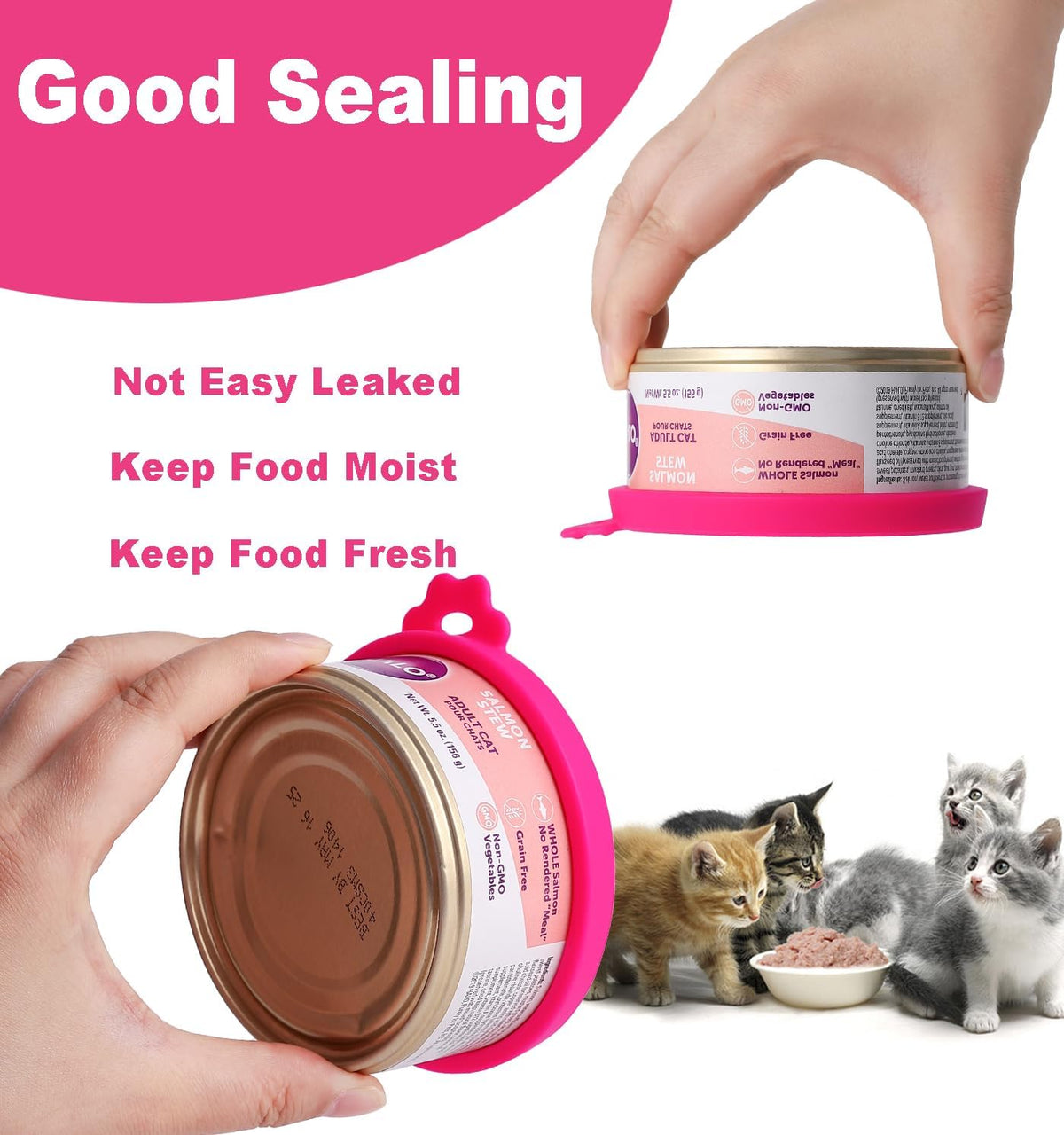 Comtim Cat Food Can Covers Lids for 5.5 oz Cans, 2 Pack Silicone Cat Food Can Lids for 5.5 oz 5.3 oz Cans...Pet Food Can Covers Reusable Can Toppers Savers for Wet Food (Hot Pink)