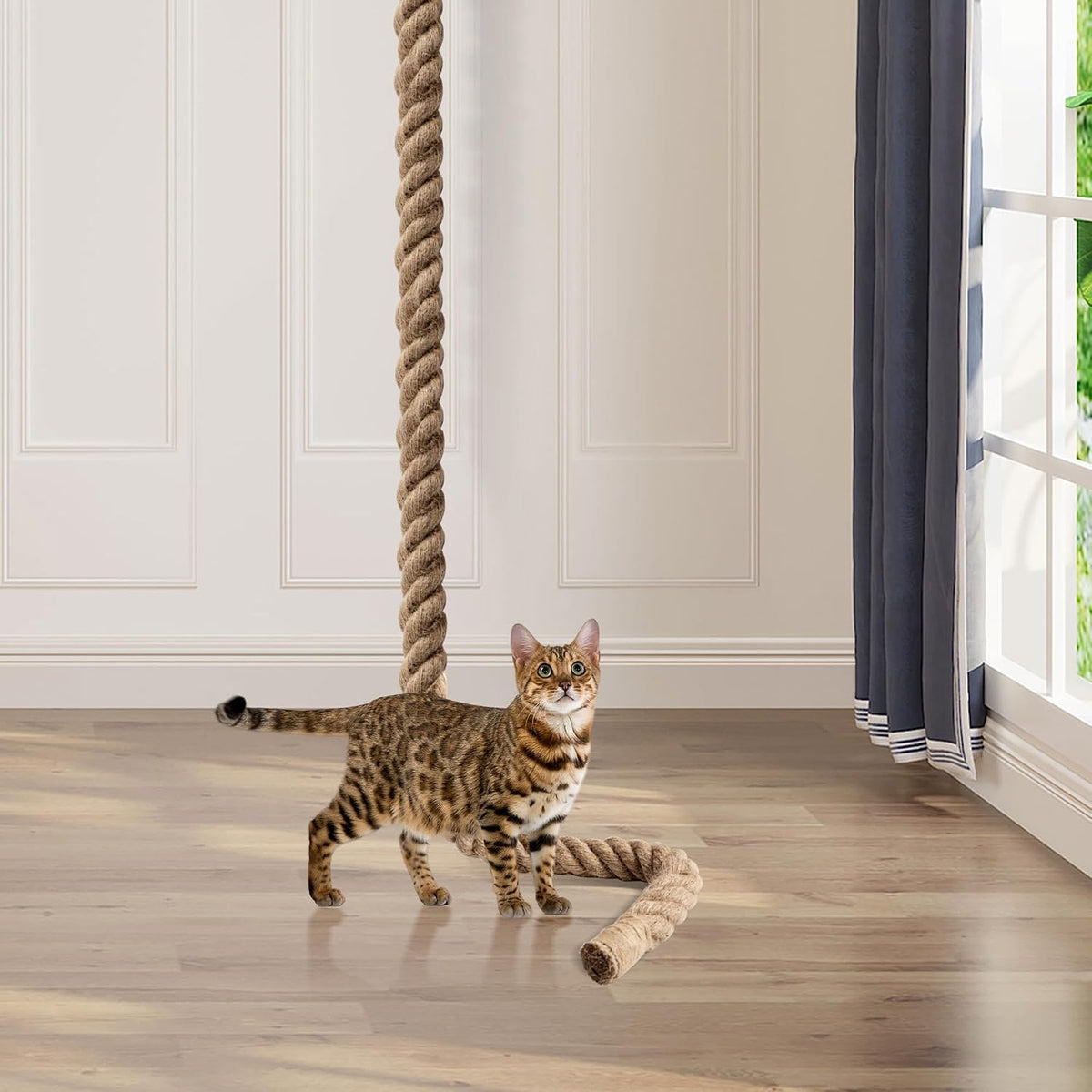2" x 9.84Ft Cat Climbing Rope with Hook for Ceiling & Wall Mounted, Natural Sisal Rope for Cat Scratcher with Feather Toy for Indoor/Outdoor Cats, Durable Cat Tree Replacement Rope