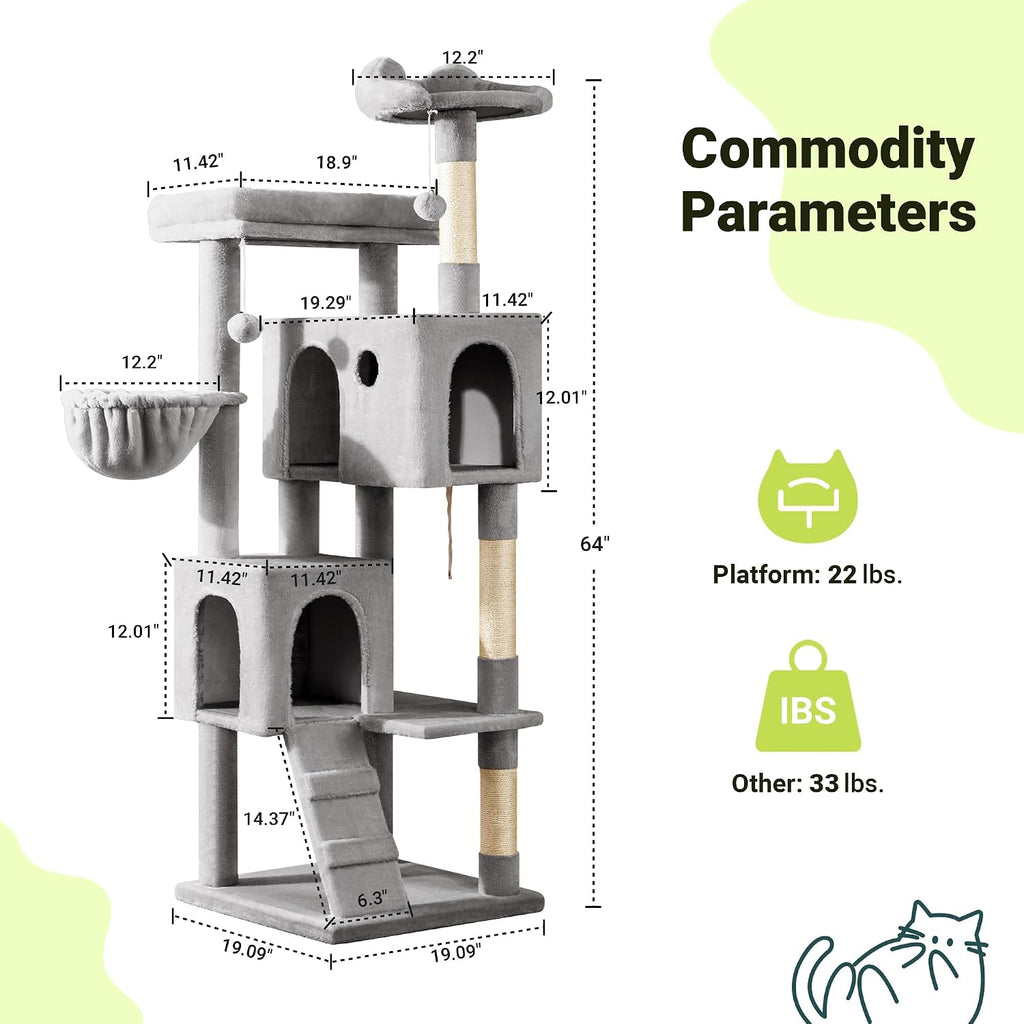 Allewie 64 Inches Multi-Level Cat Tree Tower for Indoor Cats, Grey