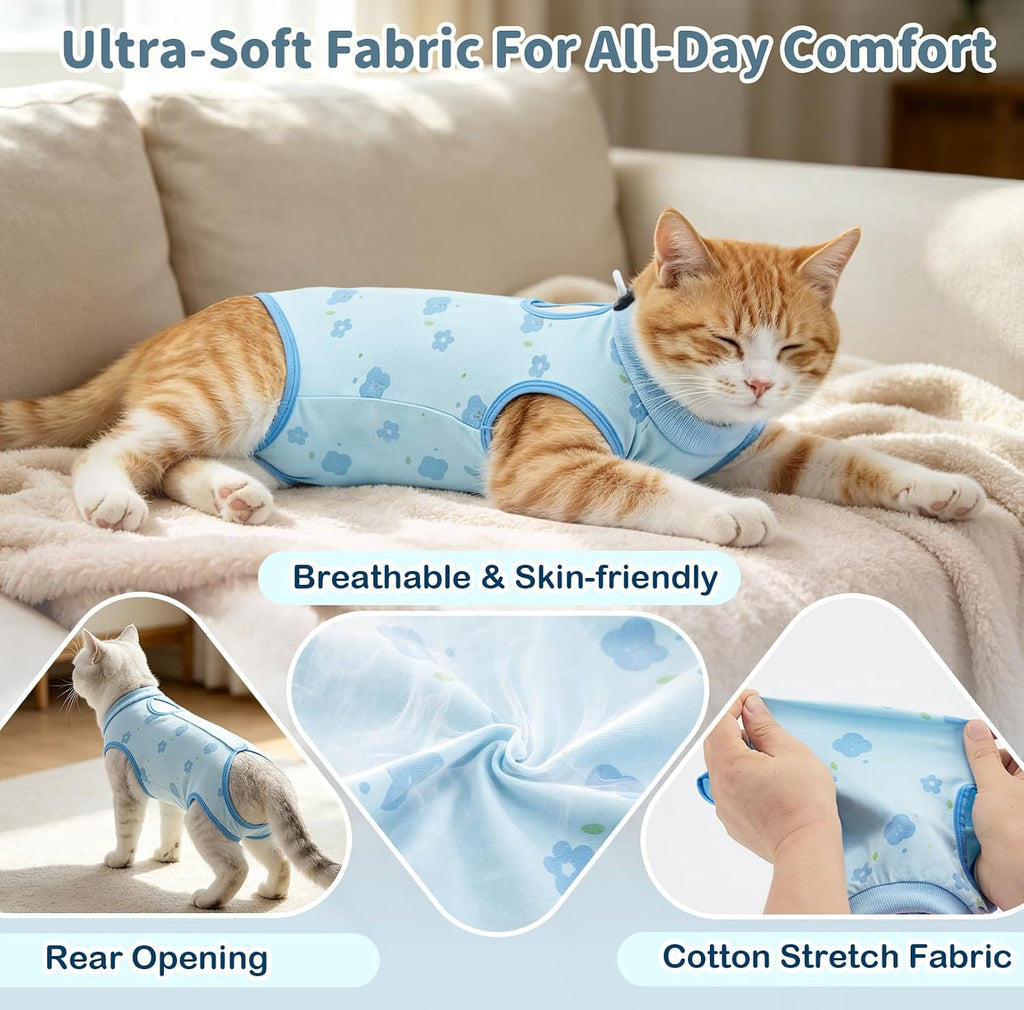 Cat Recovery Suit, Breathable Spay Suit for Female Cat Anti Licking, Blue L