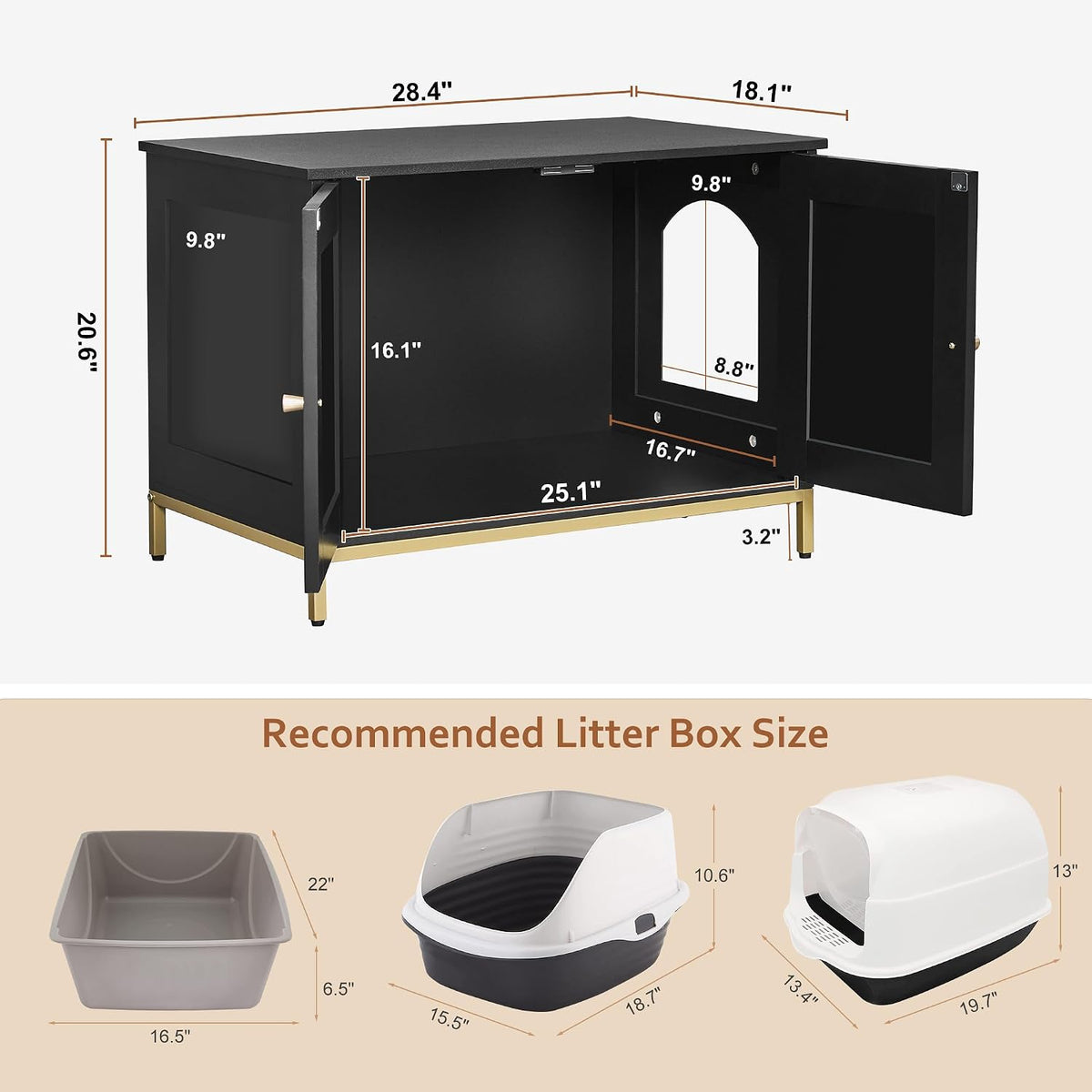 Homhedy 28.3" L Cat Litter Box Enclosure with Metal Frame, Black and Gold